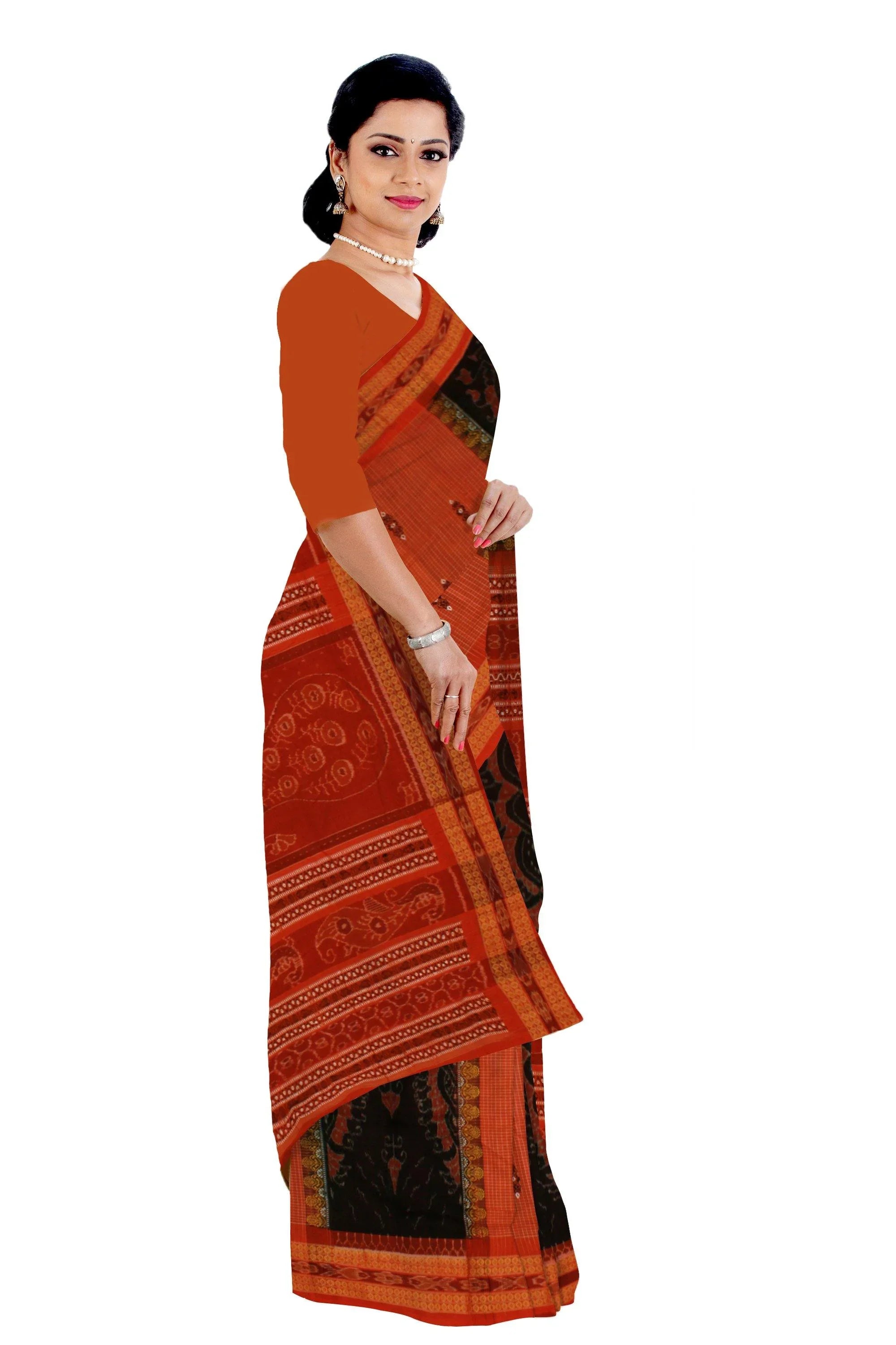 Sambalpuri Mayuri handwoven saree with black and orange color print in body and mayuri design in pallu IKAT saree without blouse piece - Koshali Arts & Crafts Enterprise
