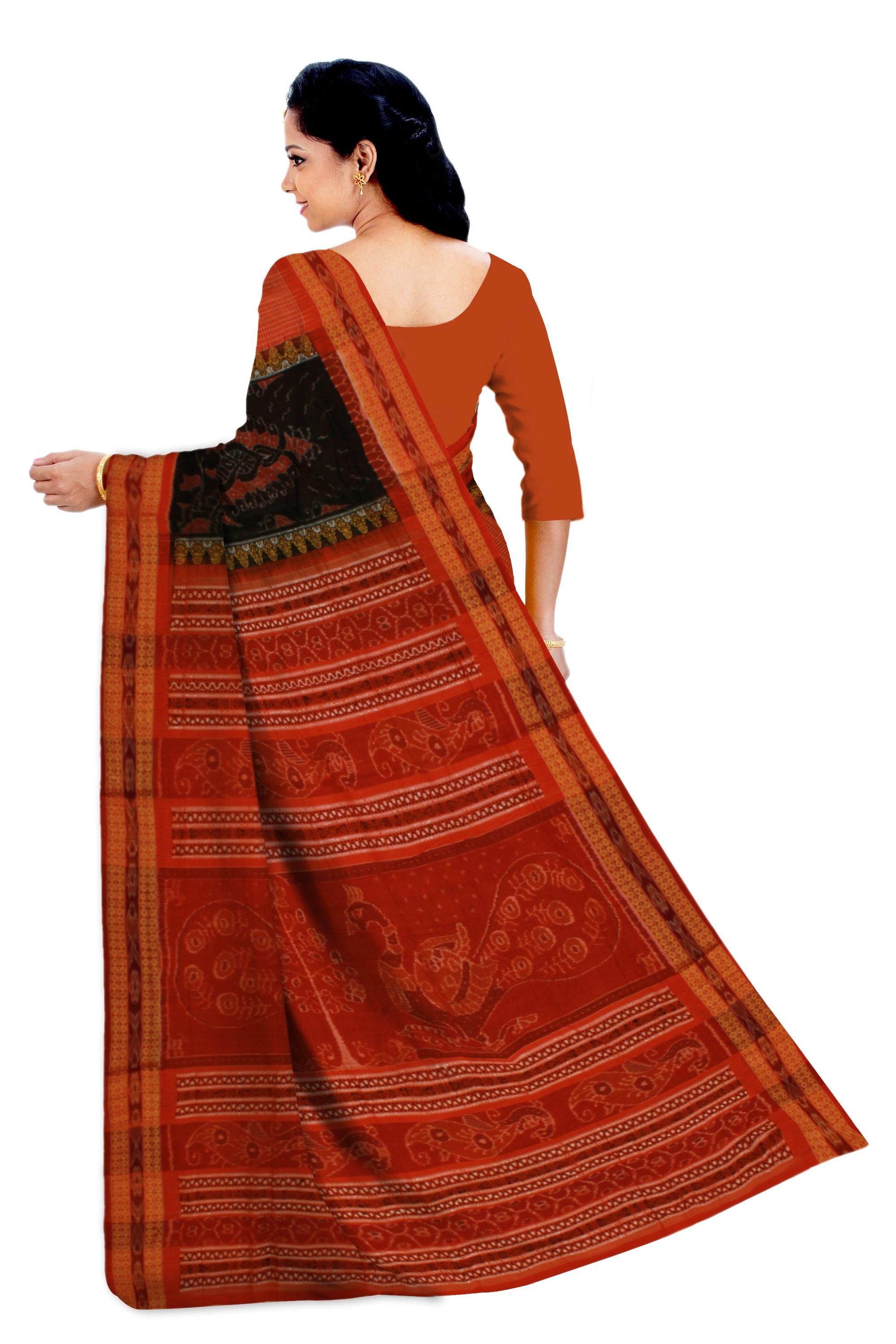 Sambalpuri Mayuri handwoven saree with black and orange color print in body and mayuri design in pallu IKAT saree without blouse piece - Koshali Arts & Crafts Enterprise