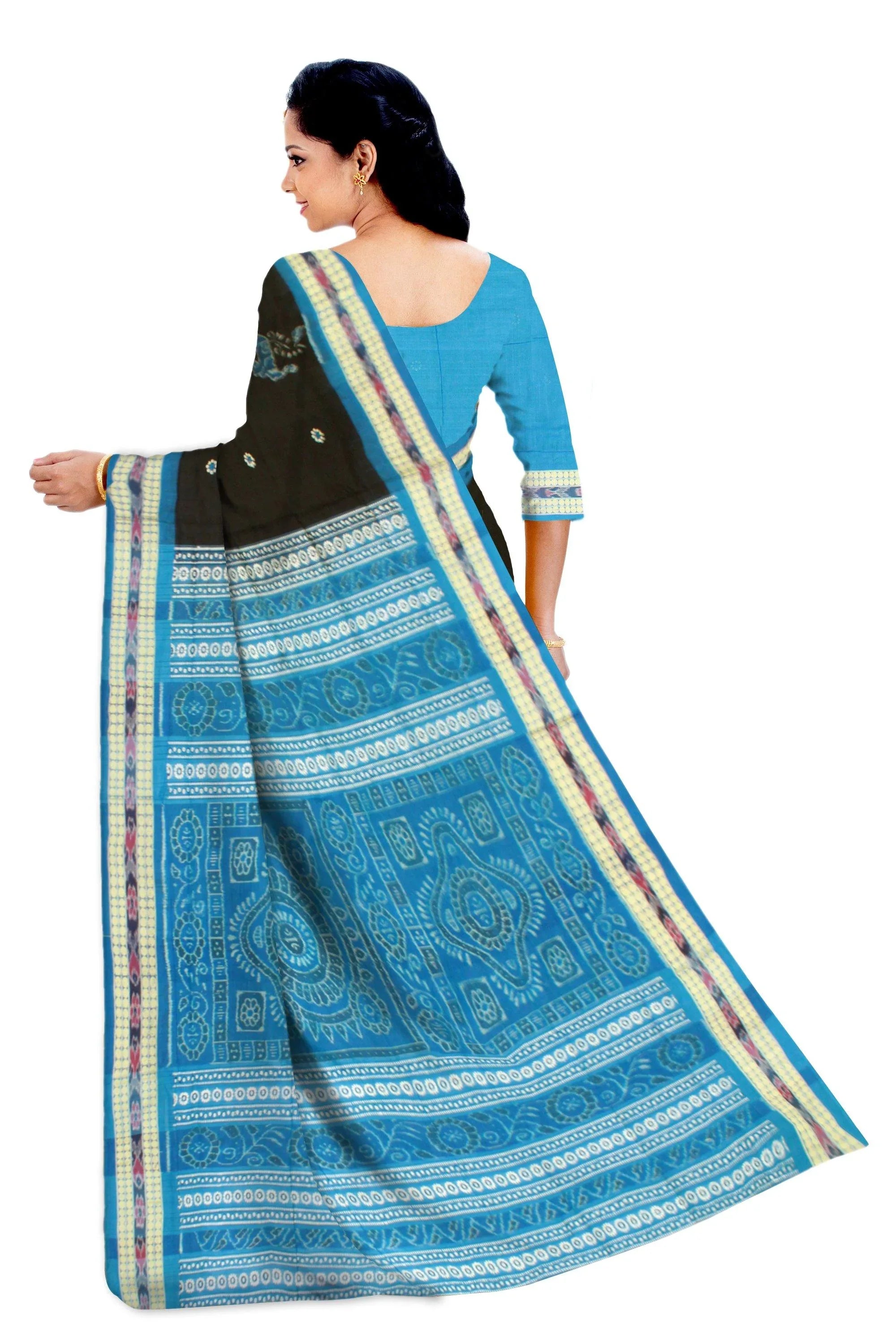 Sambalpuri handwoven traditional cotton saree in black & sky blue color with blouse piece - Koshali Arts & Crafts Enterprise