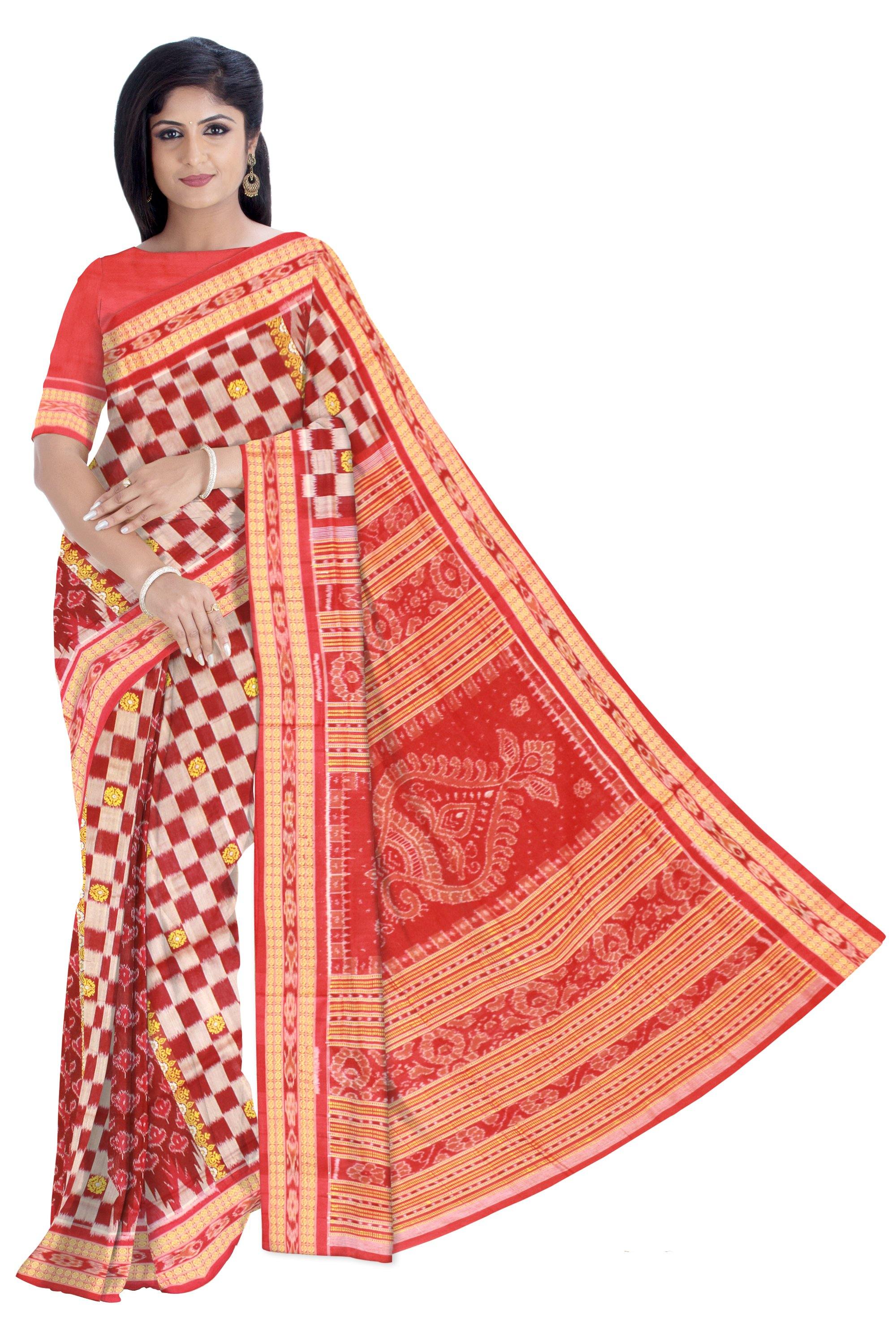 Authentic Sambalpuri Cotton Sapta saree, with flower print in body. ( With Blouse piece) - Koshali Arts & Crafts Enterprise