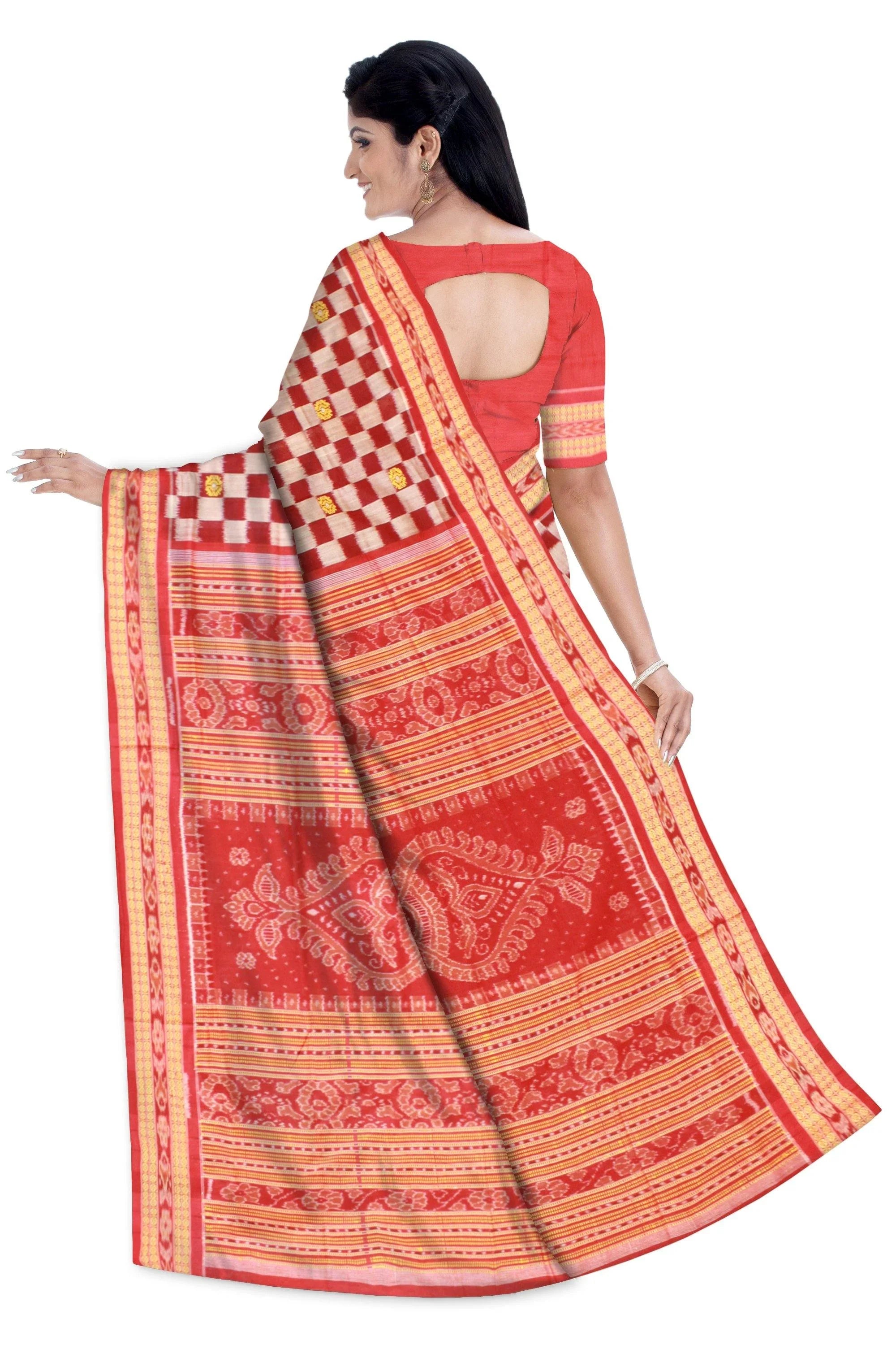 Authentic Sambalpuri Cotton Sapta saree, with flower print in body. ( With Blouse piece) - Koshali Arts & Crafts Enterprise