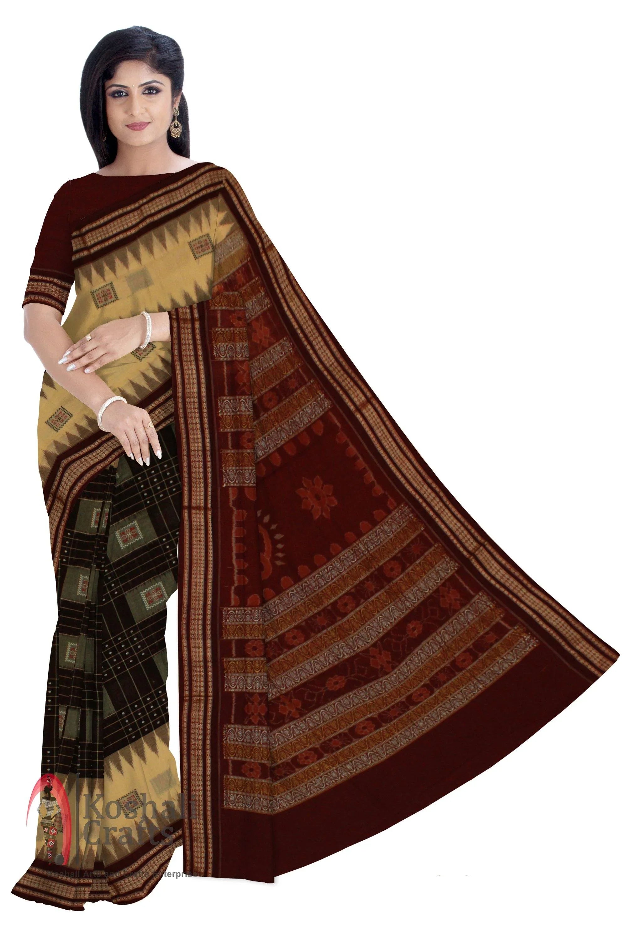 Sambalpuri Box pattern pure cotton Saree in Bomkei Pattern (with Blouse Piece). - Koshali Arts & Crafts Enterprise
