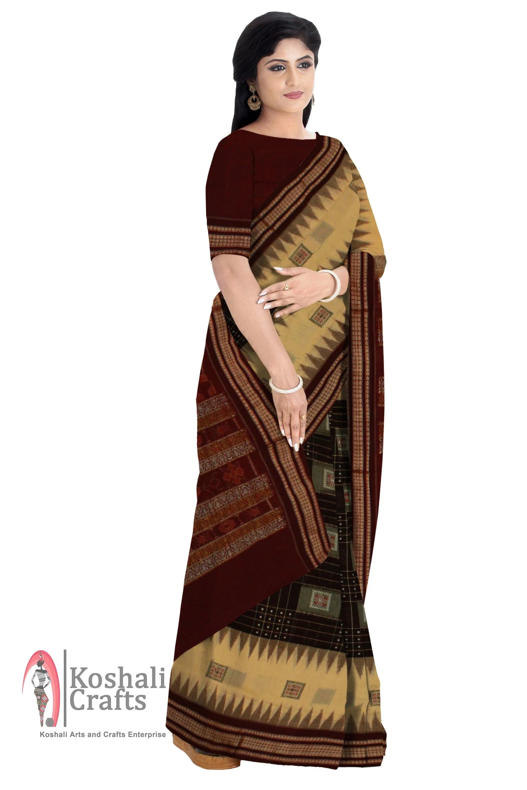 Sambalpuri Box pattern pure cotton Saree in Bomkei Pattern (with Blouse Piece). - Koshali Arts & Crafts Enterprise
