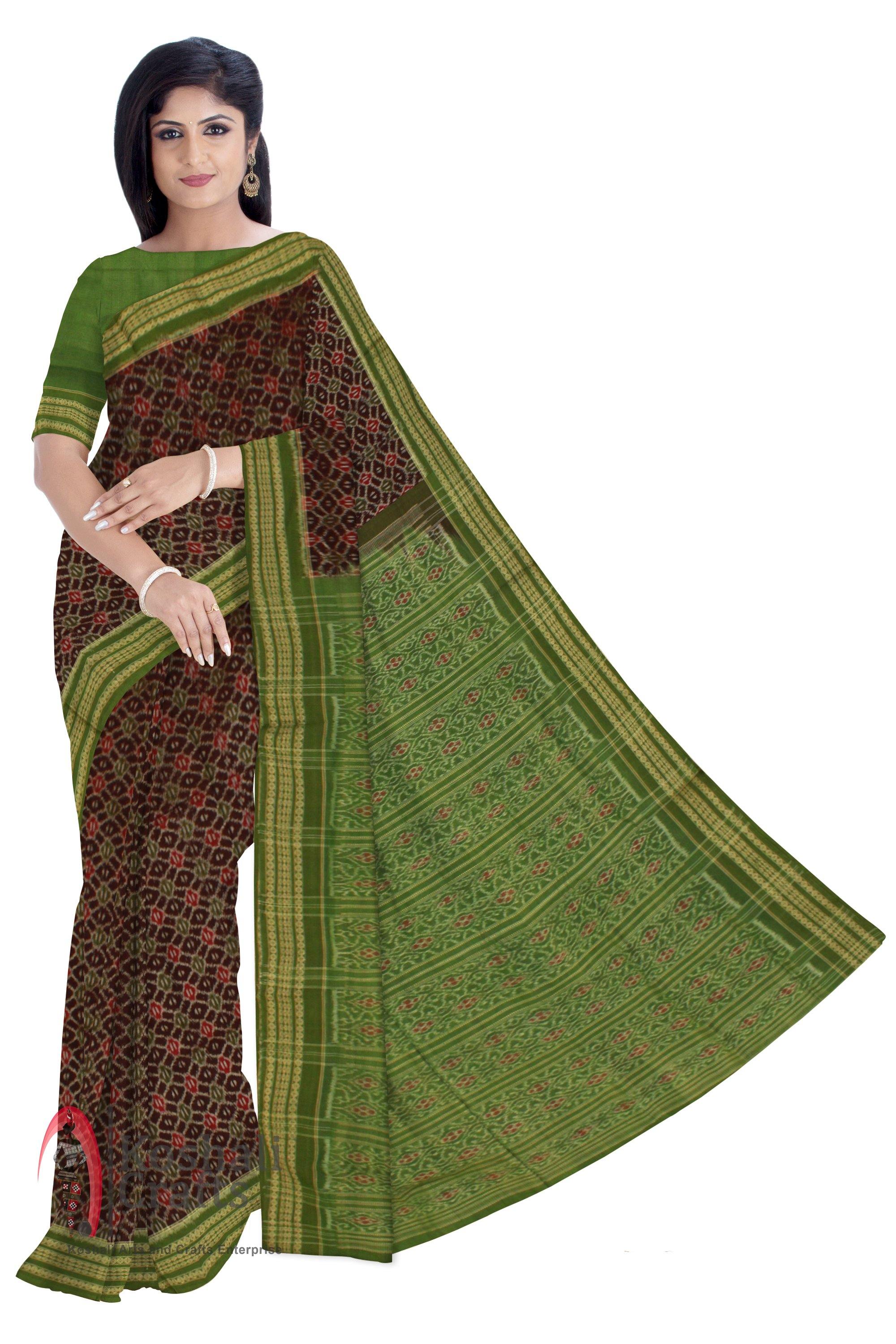 Exclusive Sambalpuri Rudrakhya print Barpali saree with Flower printed Pallu in Green Color - Koshali Arts & Crafts Enterprise