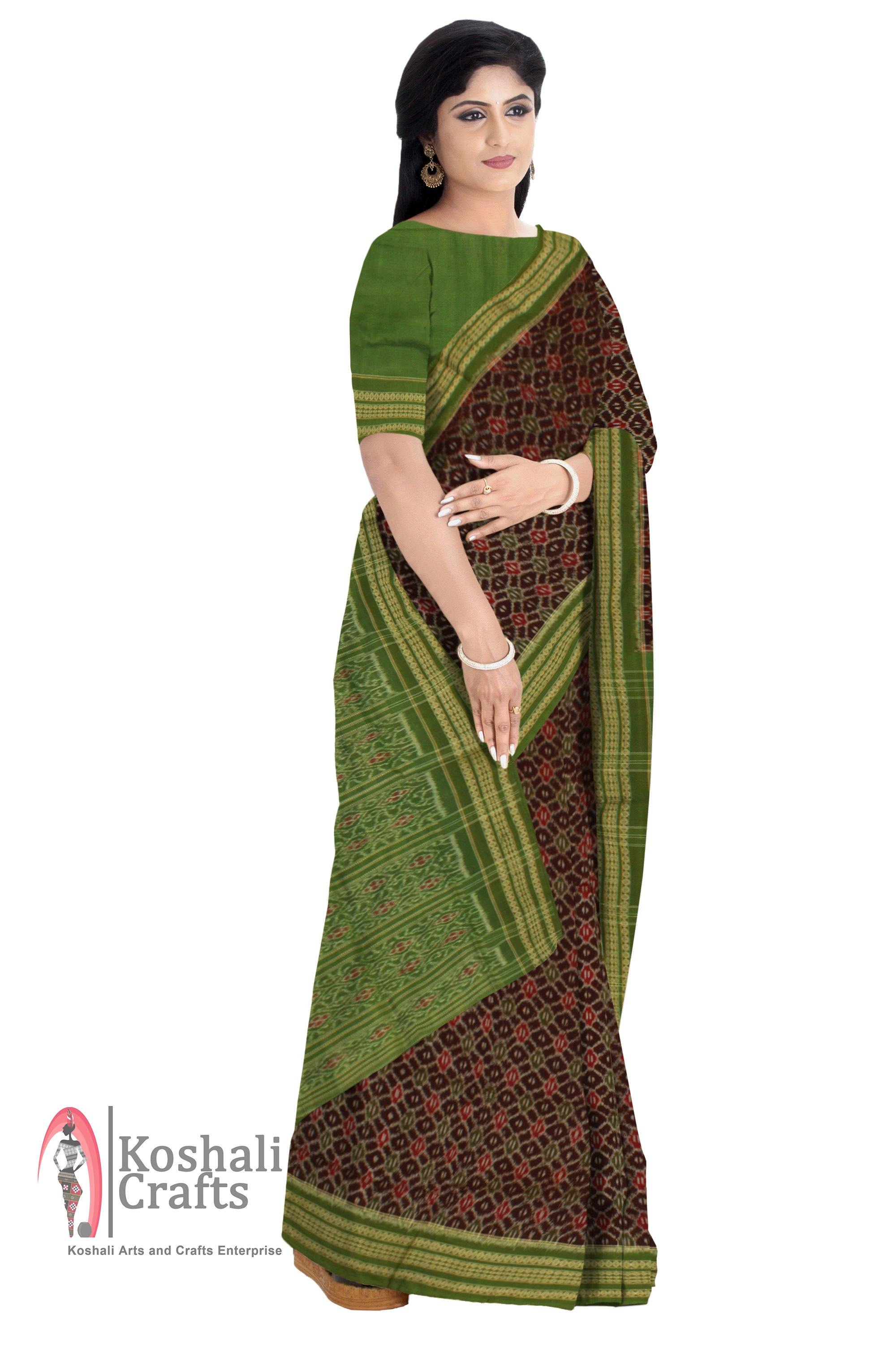 Exclusive Sambalpuri Rudrakhya print Barpali saree with Flower printed Pallu in Green Color - Koshali Arts & Crafts Enterprise