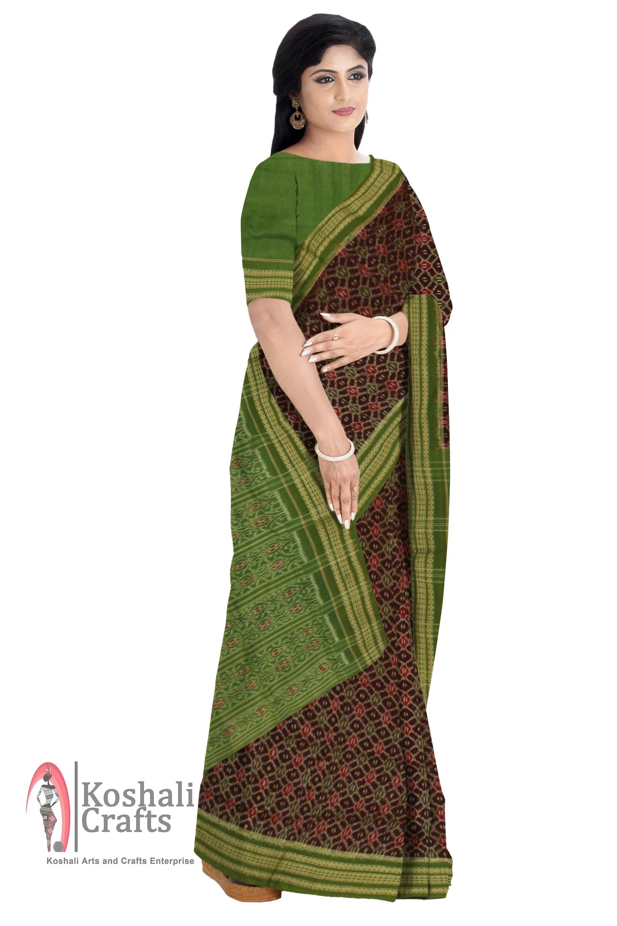 Exclusive Sambalpuri Rudrakhya print Barpali saree with Flower printed Pallu in Green Color - Koshali Arts & Crafts Enterprise