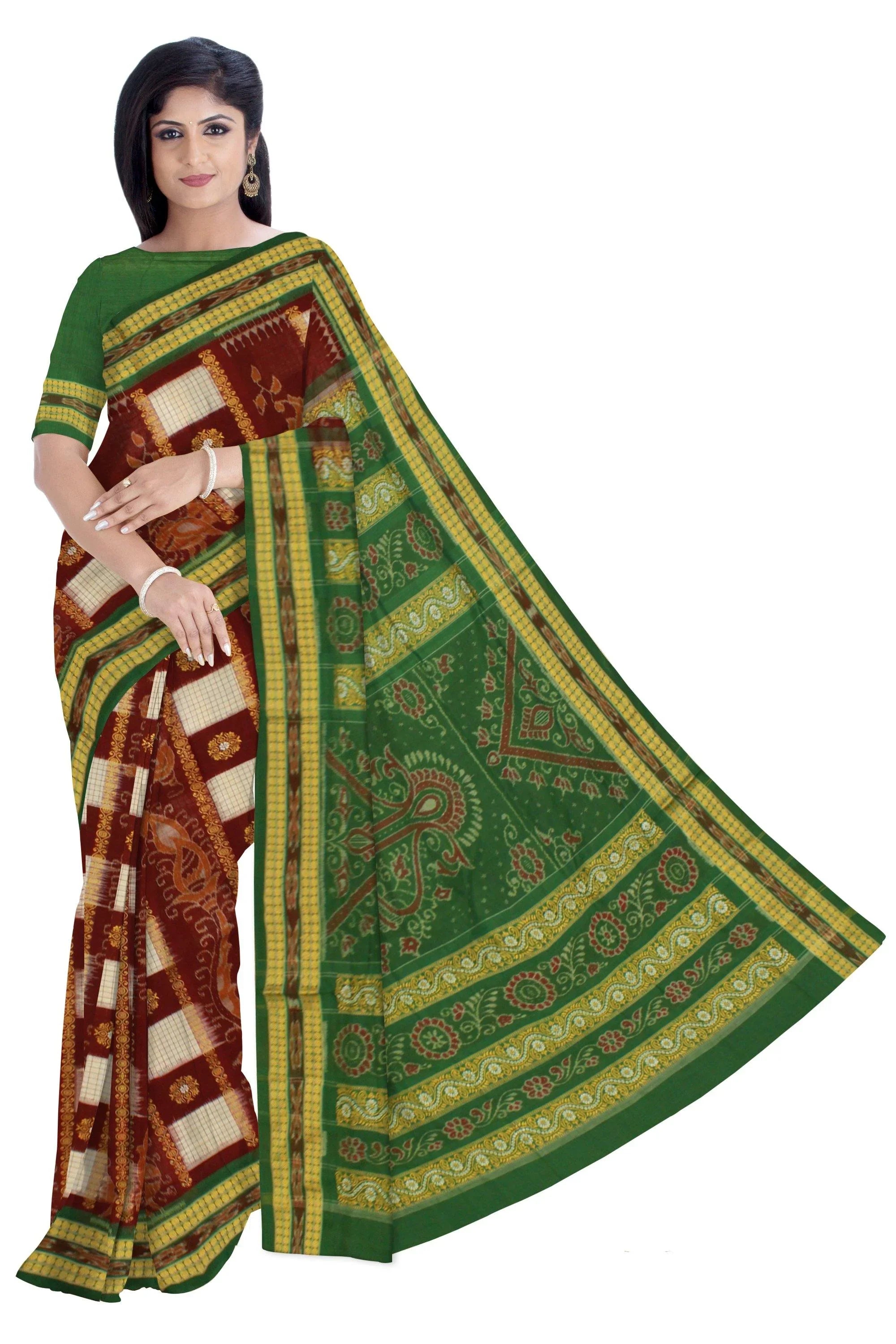 Authentic Sambalpuri Box pattern Saree with Flower Bomkei Pattern body in maroon color and green in pallu ( with Blouse Piece) - Koshali Arts & Crafts Enterprise