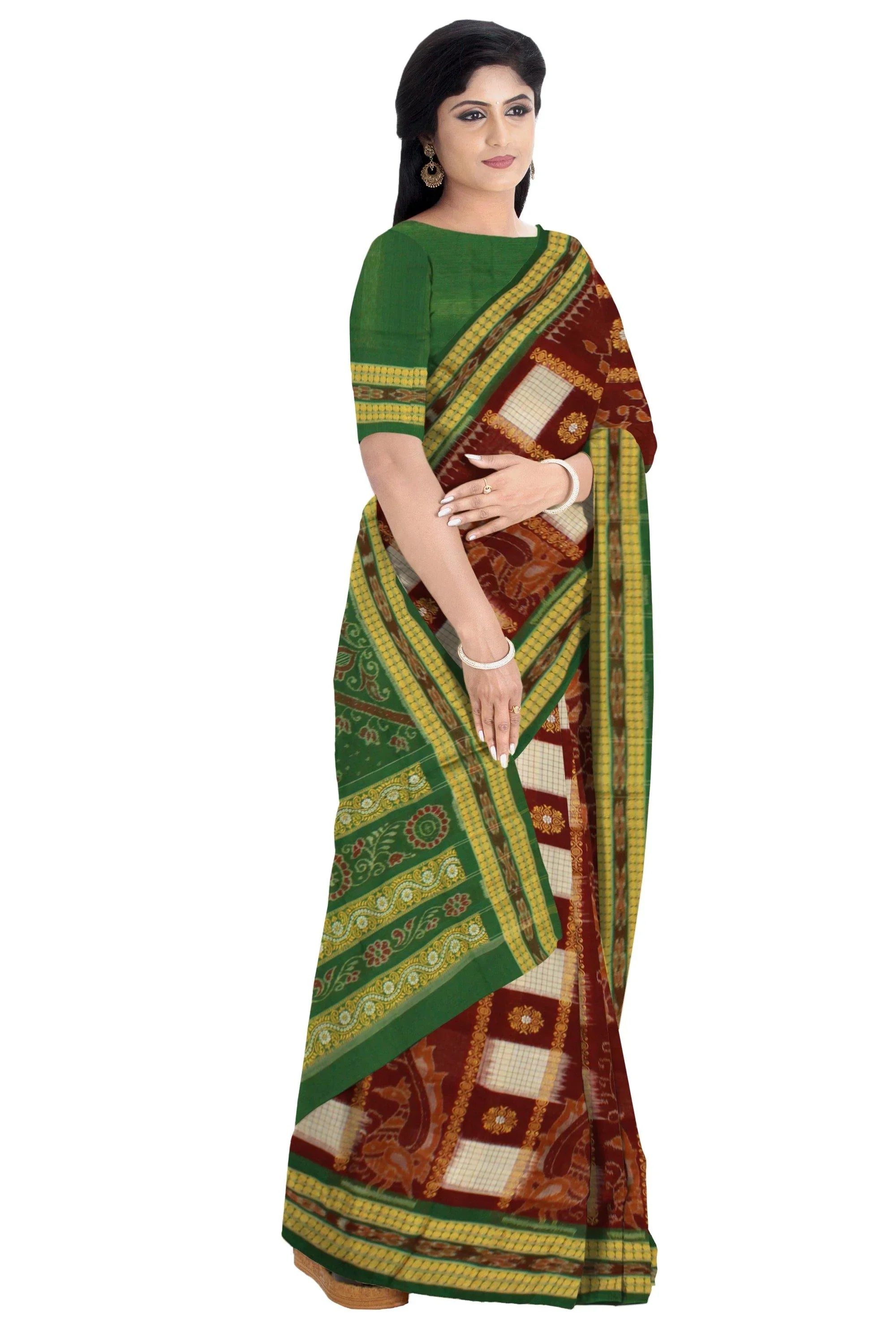 Authentic Sambalpuri Box pattern Saree with Flower Bomkei Pattern body in maroon color and green in pallu ( with Blouse Piece) - Koshali Arts & Crafts Enterprise