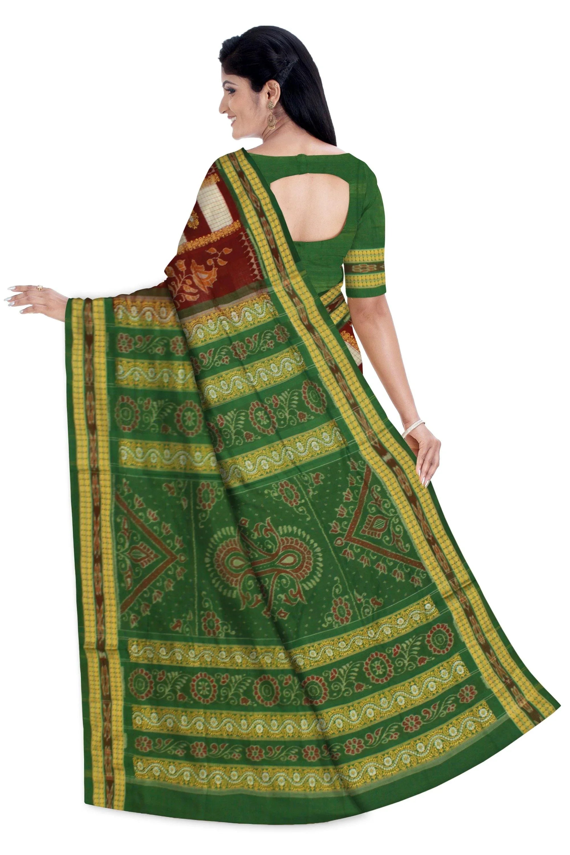 Authentic Sambalpuri Box pattern Saree with Flower Bomkei Pattern body in maroon color and green in pallu ( with Blouse Piece) - Koshali Arts & Crafts Enterprise