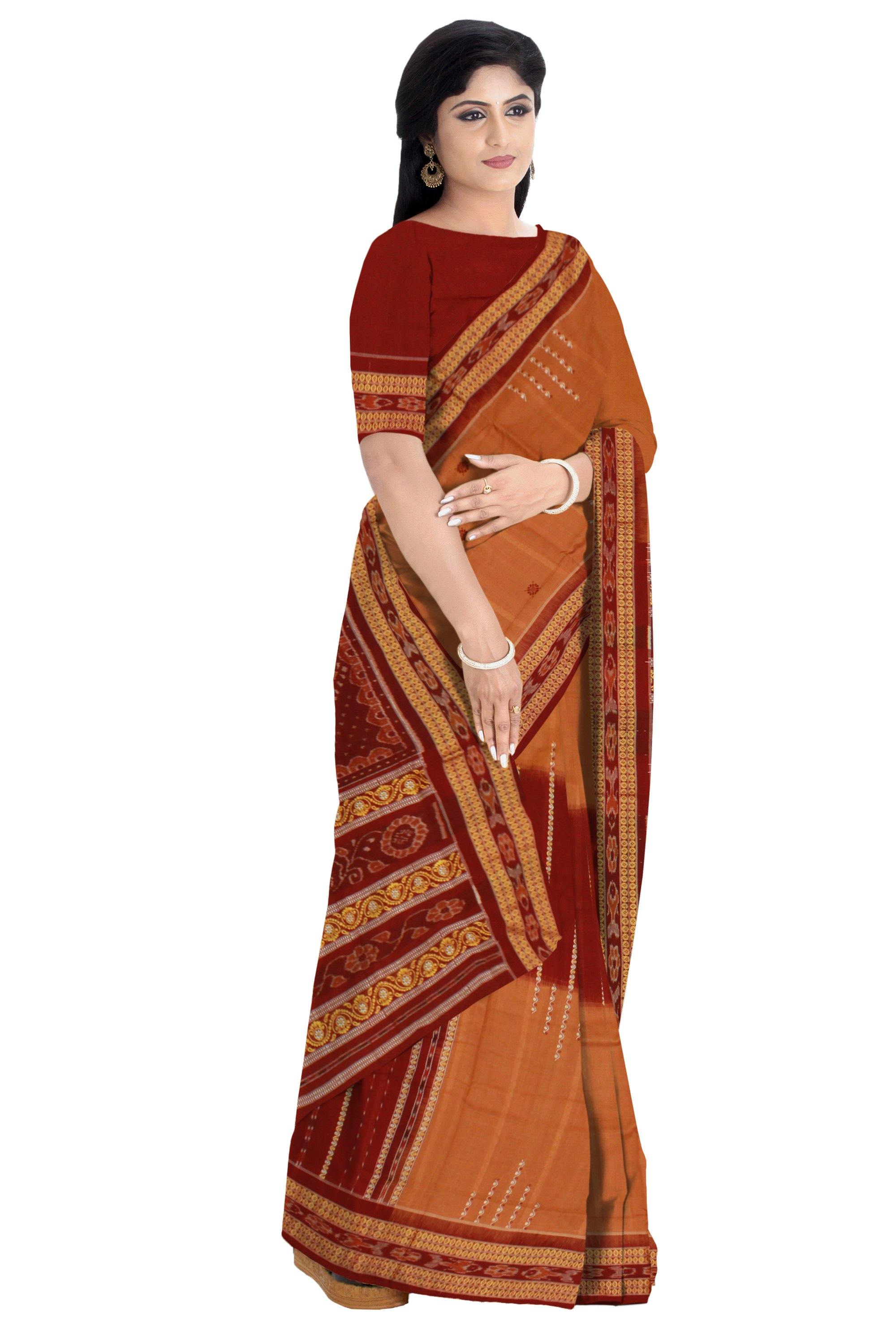 Exclusive Handwoven Sambalpuri Lining Bomkei pattern saree in Brown and Light Maroon color (with blouse piece) - Koshali Arts & Crafts Enterprise