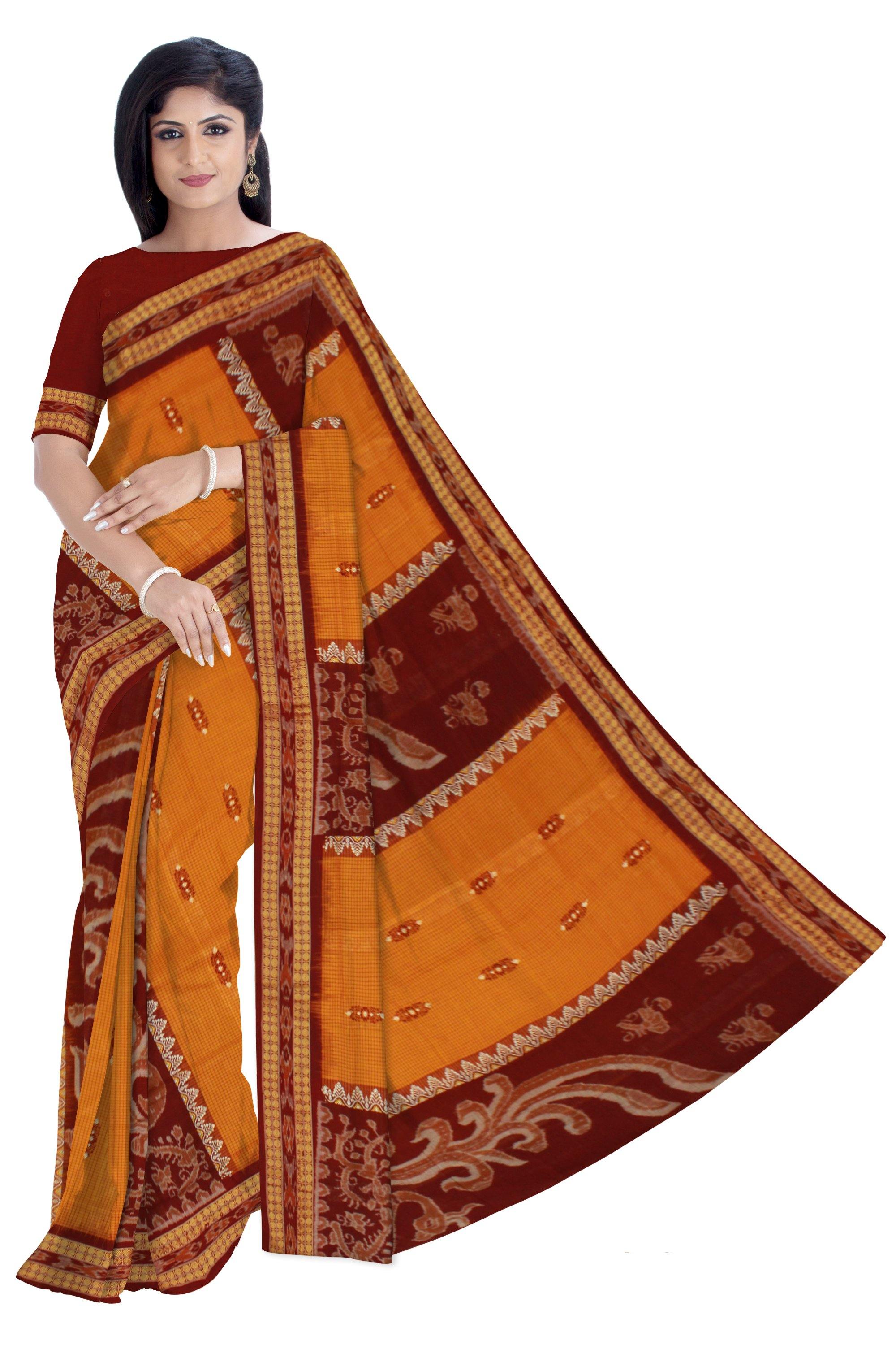 Sambalpuri Mayuri handwoven saree with Yellow & Maroon color print in body and mayuri design in pallu IKAT saree without blouse piece - Koshali Arts & Crafts Enterprise