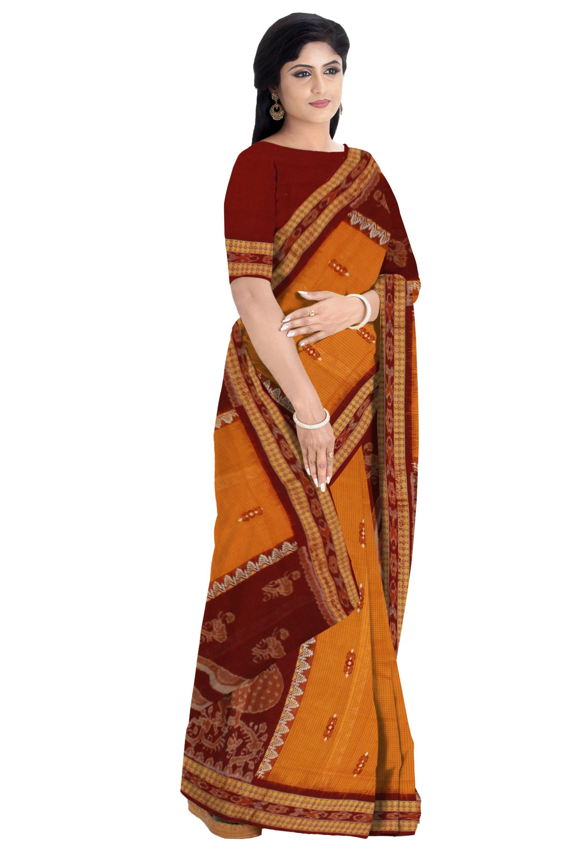 Sambalpuri Mayuri handwoven saree with Yellow & Maroon color print in body and mayuri design in pallu IKAT saree without blouse piece - Koshali Arts & Crafts Enterprise