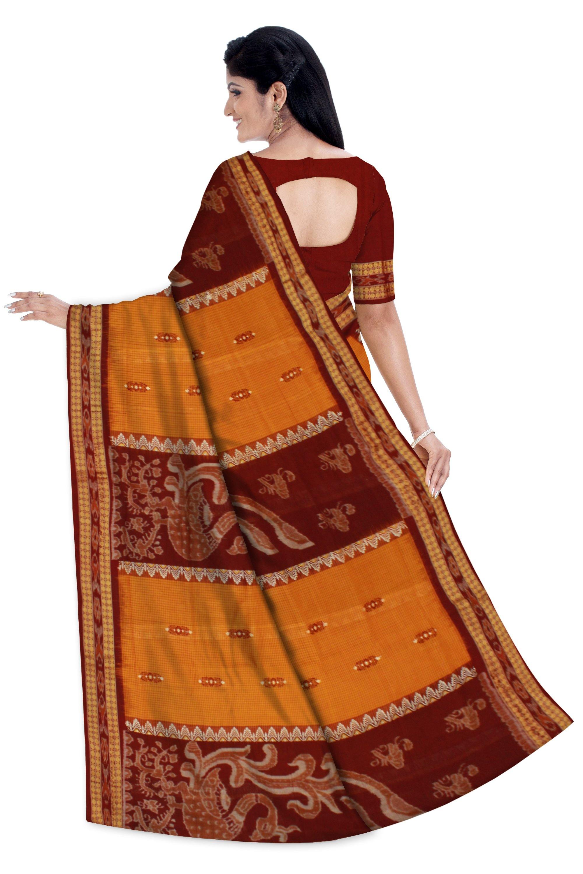 Sambalpuri Mayuri handwoven saree with Yellow & Maroon color print in body and mayuri design in pallu IKAT saree without blouse piece - Koshali Arts & Crafts Enterprise