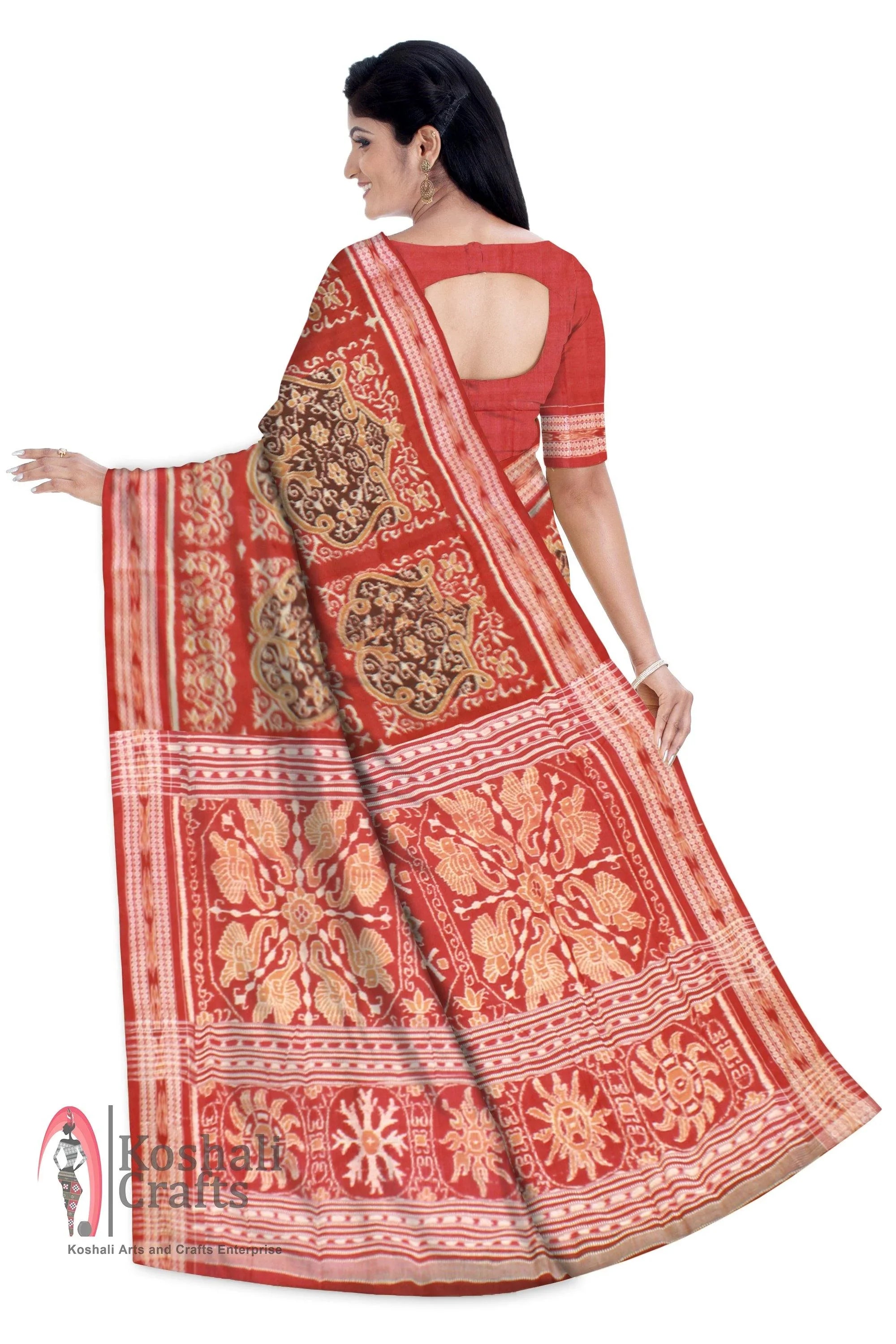 Authentic Sambalpuri Saree in brown color with large flower pattern with blouse piece - Koshali Arts & Crafts Enterprise