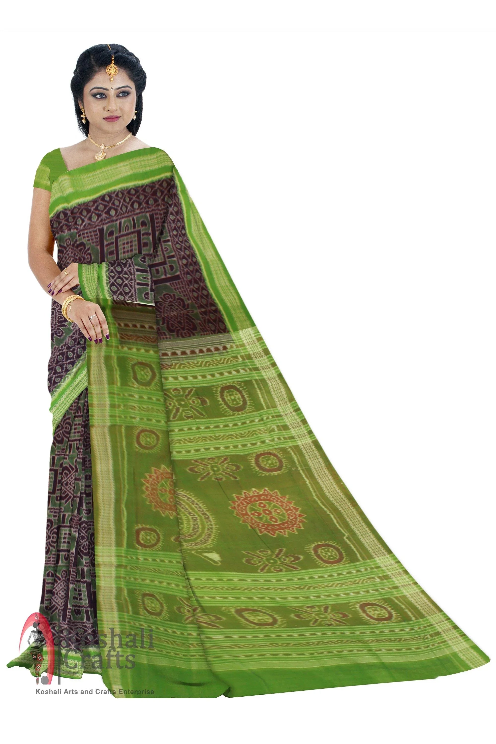 Exclusive Sambalpuri Handwoven Saree in Box pattern with green and violet color. (with blouse piece) - Koshali Arts & Crafts Enterprise