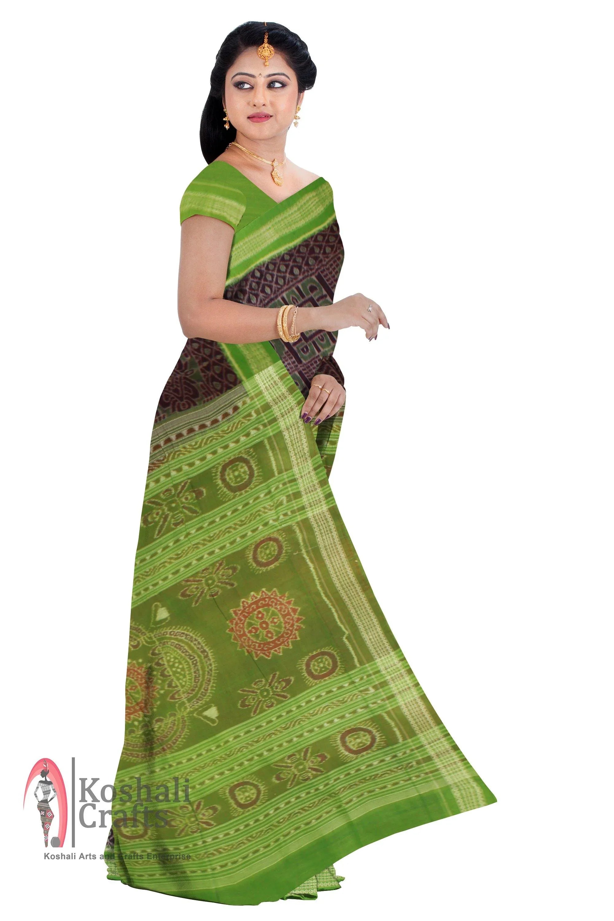 Exclusive Sambalpuri Handwoven Saree in Box pattern with green and violet color. (with blouse piece) - Koshali Arts & Crafts Enterprise