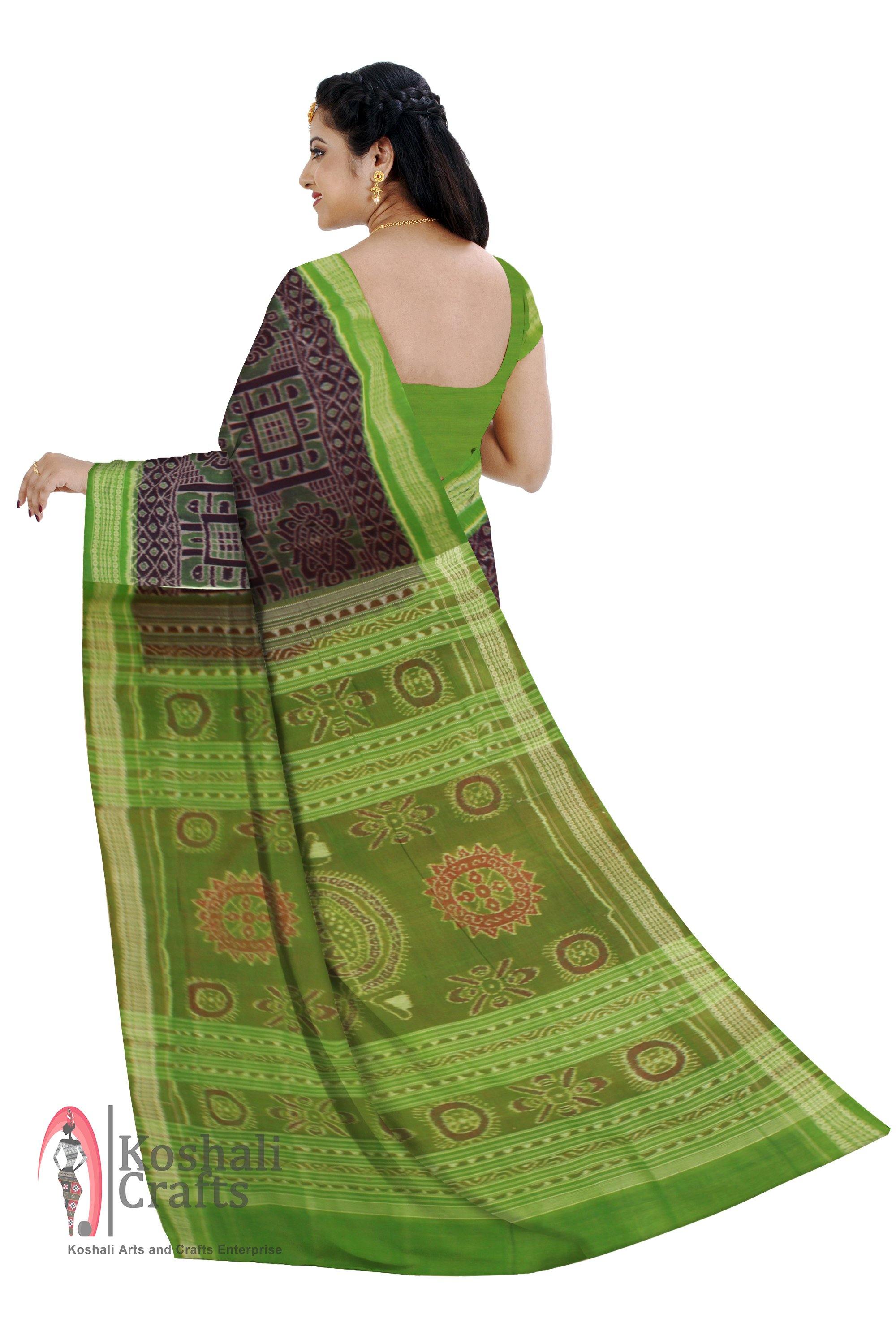 Exclusive Sambalpuri Handwoven Saree in Box pattern with green and violet color. (with blouse piece) - Koshali Arts & Crafts Enterprise