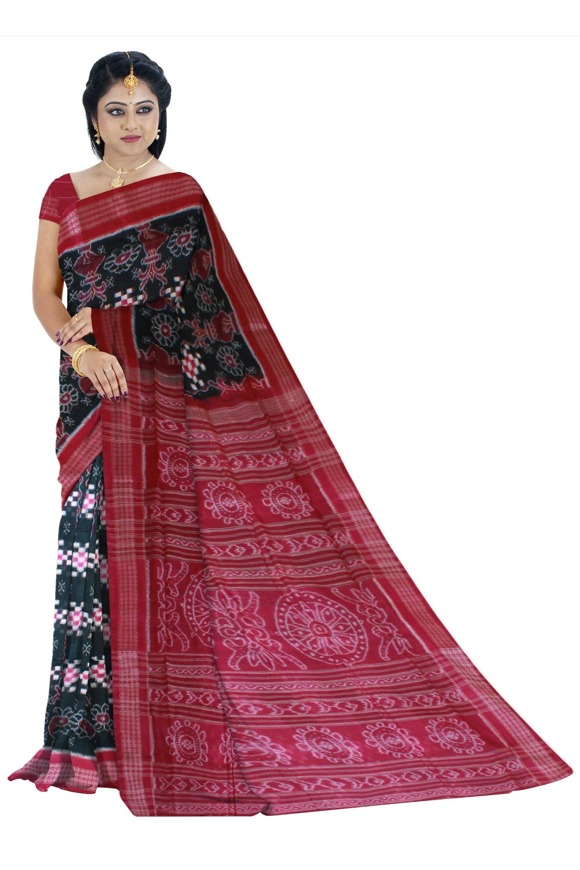 Authentic Sambalpuri traditional handwoven saree in full Sapta pattern in Navy Blue and pink (fuchia)color with out blouse piece. - Koshali Arts & Crafts Enterprise