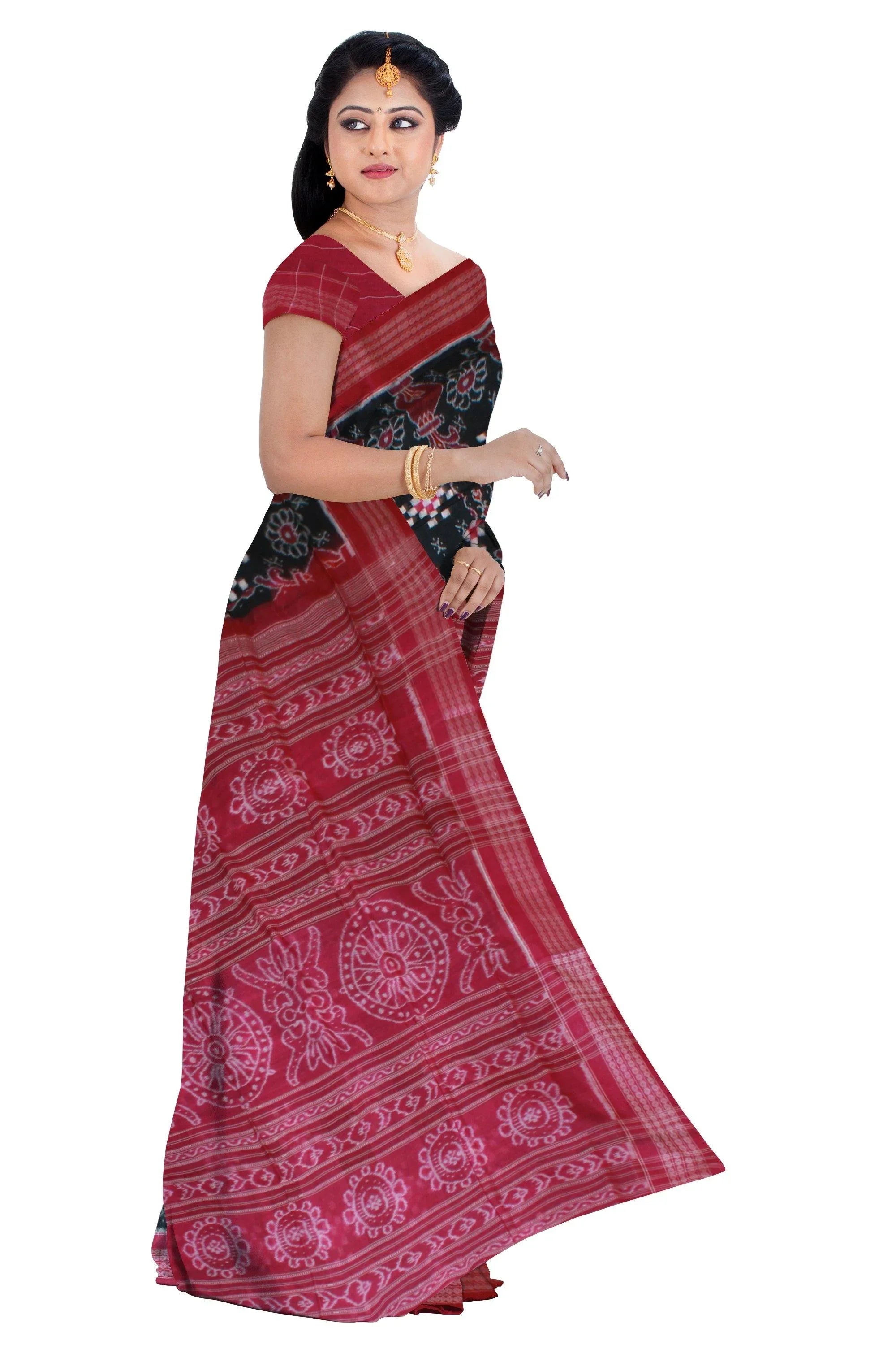 Authentic Sambalpuri traditional handwoven saree in full Sapta pattern in Navy Blue and pink (fuchia)color with out blouse piece. - Koshali Arts & Crafts Enterprise