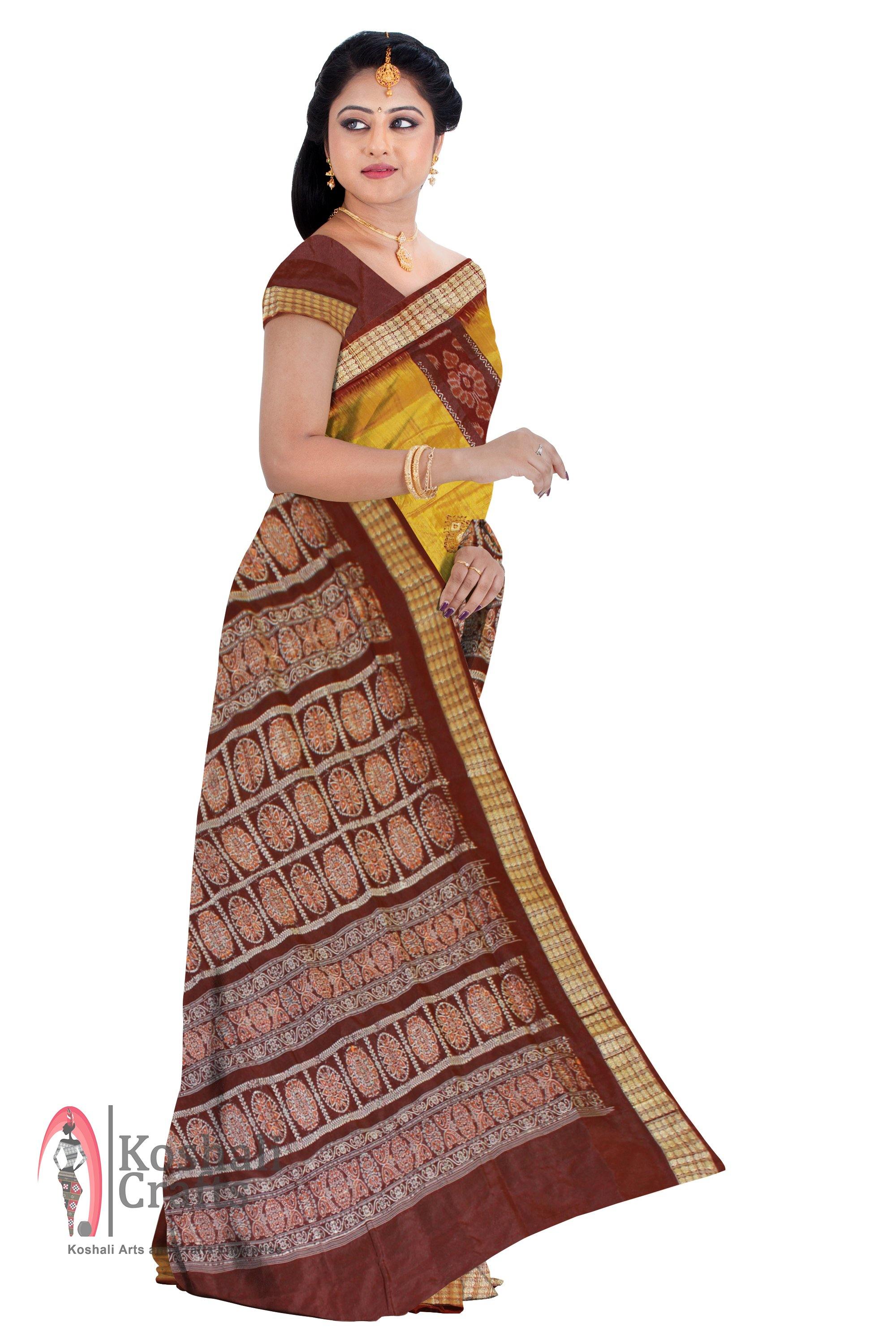 Exclusive Sambalpuri Barpali Mixed Patli pata Saree in Yellow & Maroon color body in Bomkei Pattern (with Blouse Piece) - Koshali Arts & Crafts Enterprise