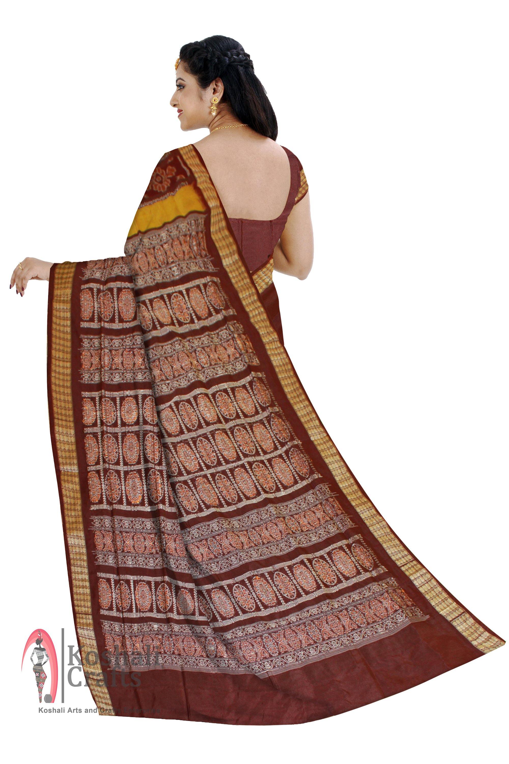 Exclusive Sambalpuri Barpali Mixed Patli pata Saree in Yellow & Maroon color body in Bomkei Pattern (with Blouse Piece) - Koshali Arts & Crafts Enterprise