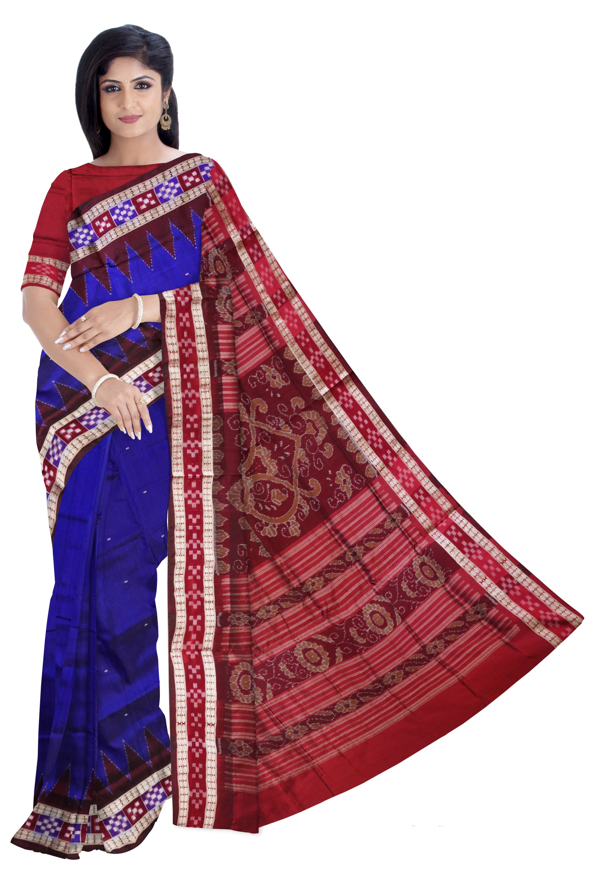 Blue and Maroon color Sambalpuri dhadi pasapali pata saree. - Koshali Arts & Crafts Enterprise