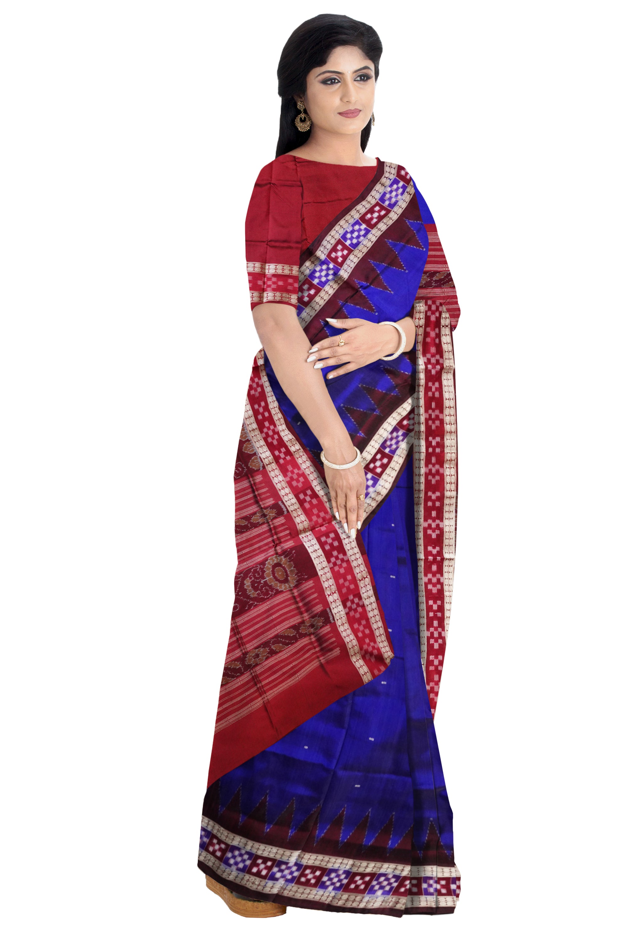 Blue and Maroon color Sambalpuri dhadi pasapali pata saree. - Koshali Arts & Crafts Enterprise