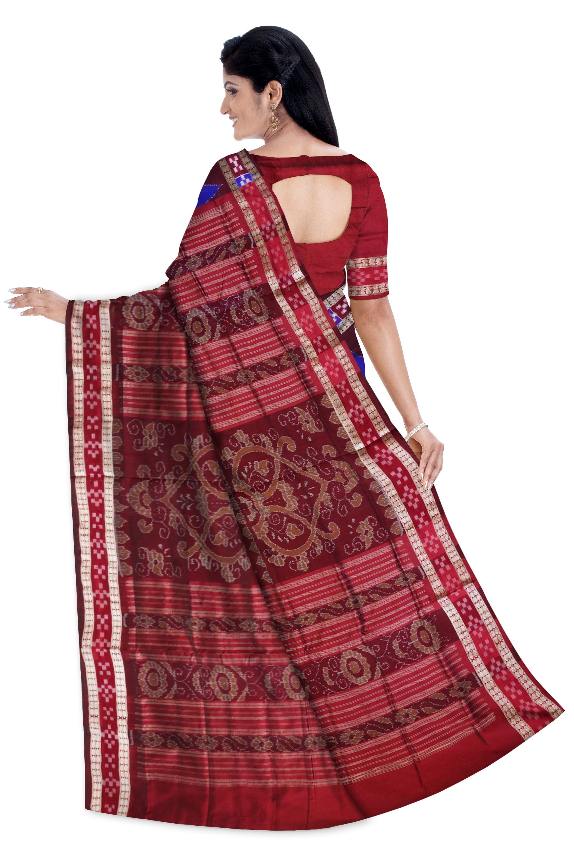 Blue and Maroon color Sambalpuri dhadi pasapali pata saree. - Koshali Arts & Crafts Enterprise