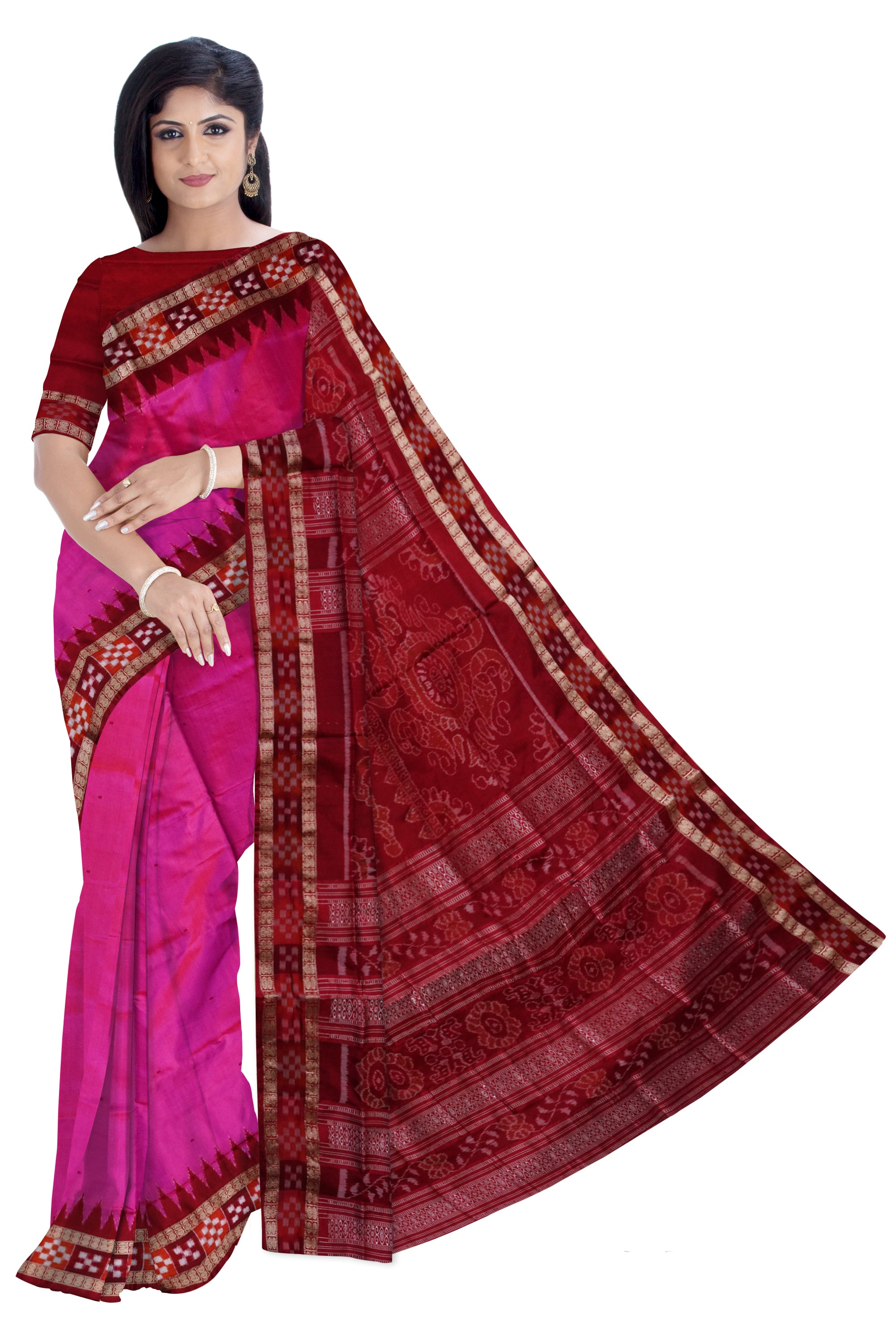 Light-pink and Maroon color pasapali border Sambalpuri pata saree. - Koshali Arts & Crafts Enterprise