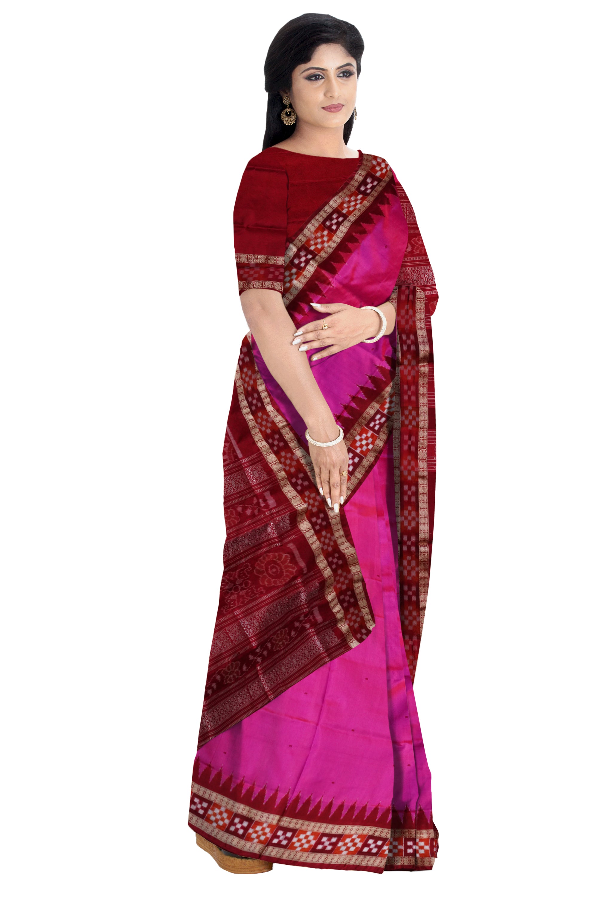 Light-pink and Maroon color pasapali border Sambalpuri pata saree. - Koshali Arts & Crafts Enterprise