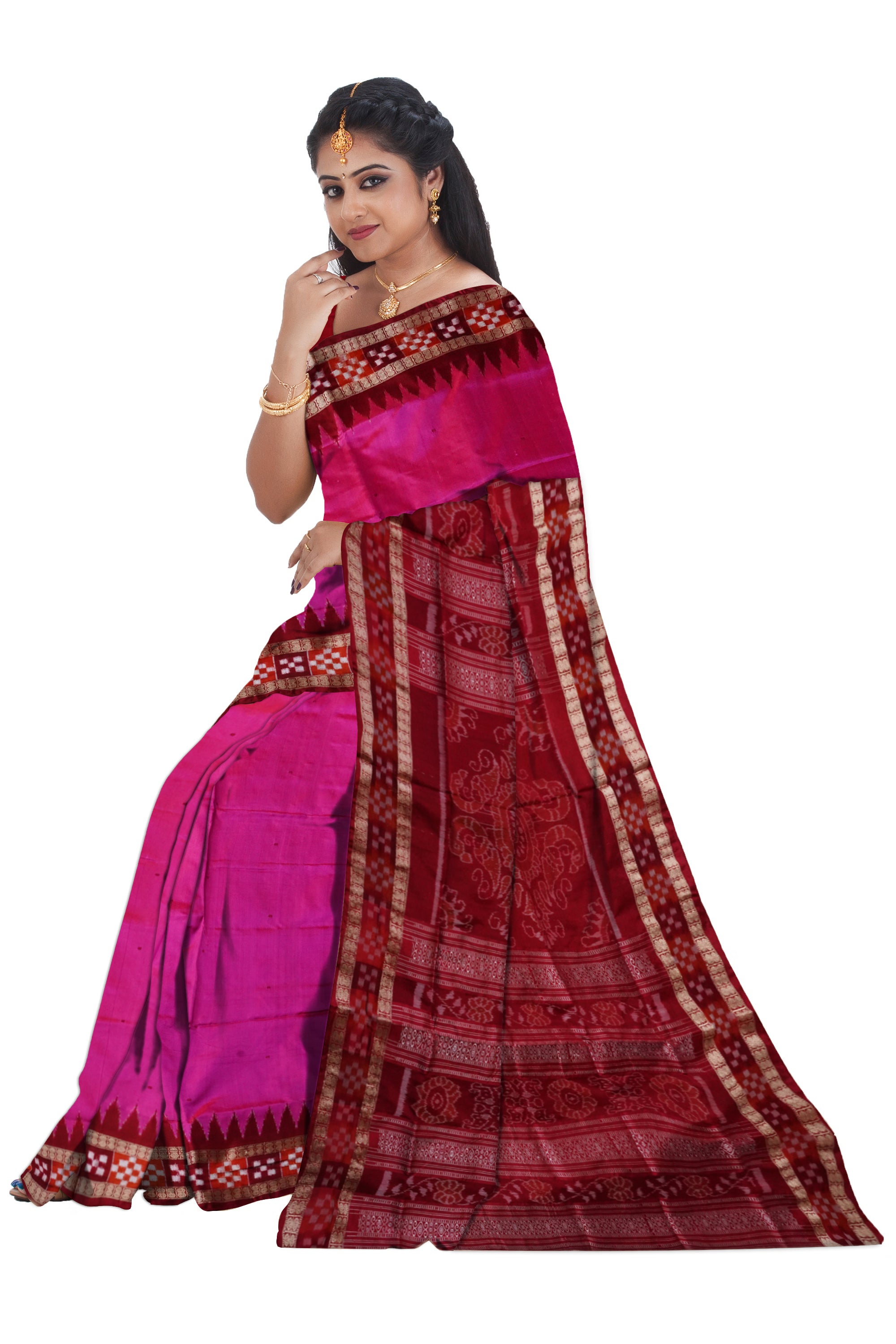 Light-pink and Maroon color pasapali border Sambalpuri pata saree. - Koshali Arts & Crafts Enterprise