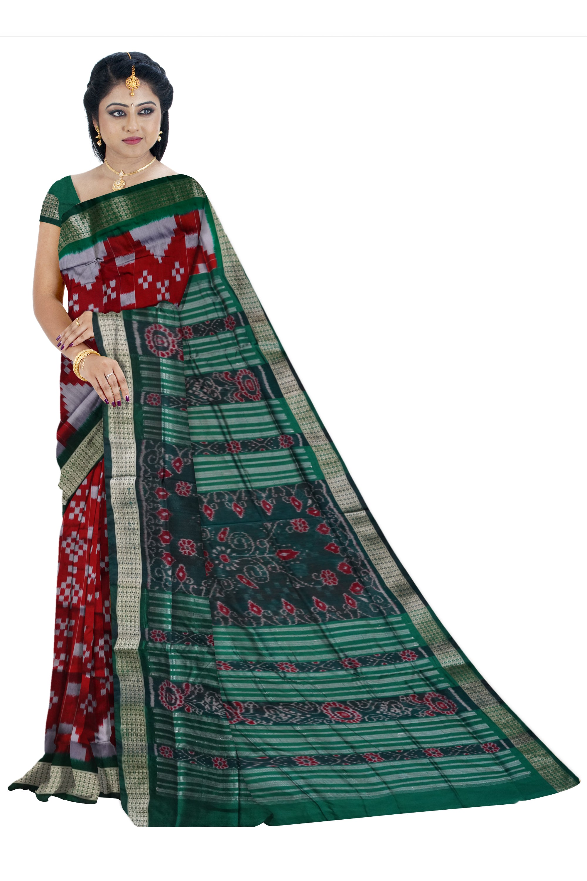 Whole body pasapali pattern sapta pata saree in Maroon and Green color. - Koshali Arts & Crafts Enterprise