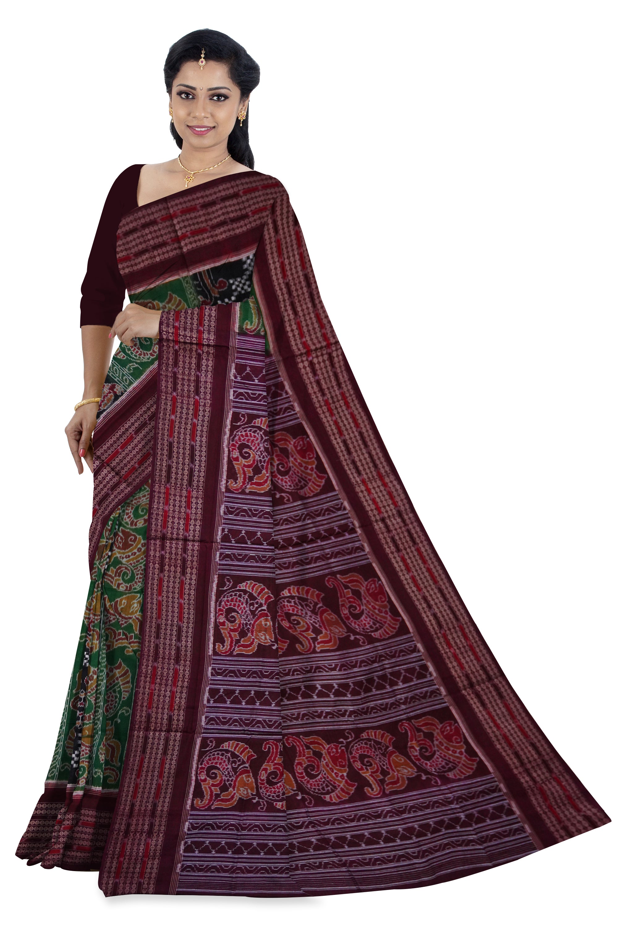 Traditional peacock and fish pattern in green,black and maroon colour sambalpuri cotton saree. - Koshali Arts & Crafts Enterprise