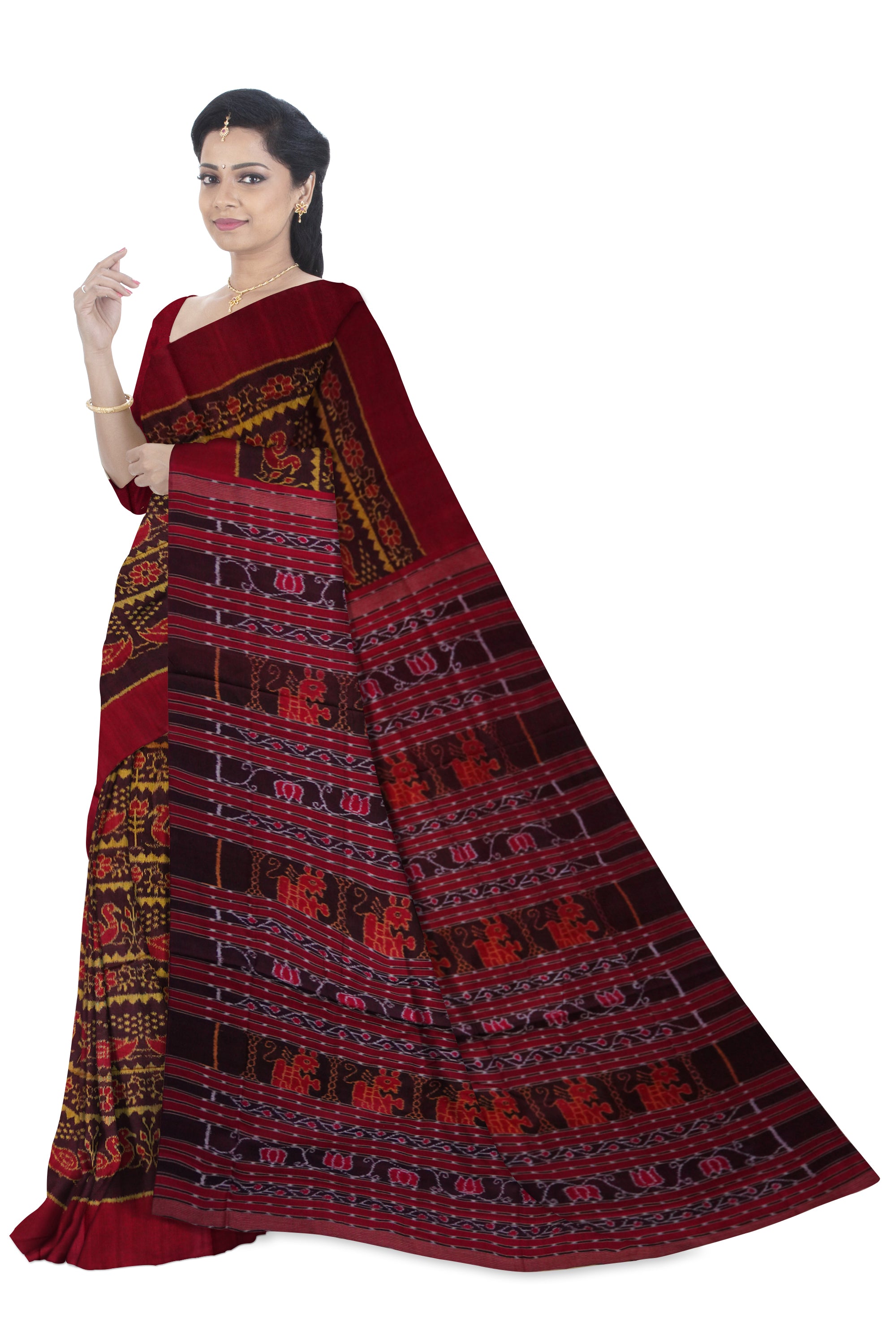 Full body peacock and lotus design with plain border in Coffee and maroon colour sambalpuri saree. - Koshali Arts & Crafts Enterprise