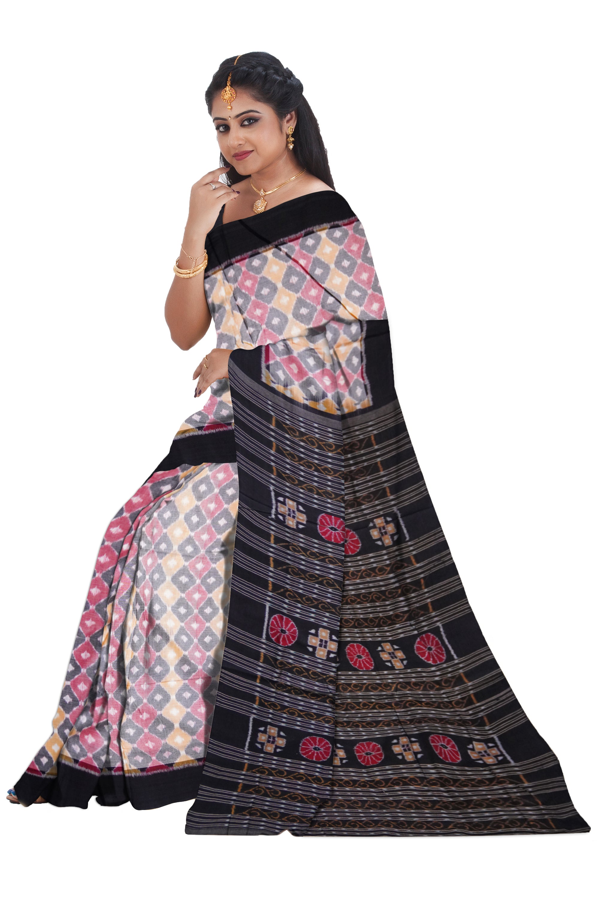 3D pattern with plain border and flowers design pallu in black and 3D colour sambalpuri saree. - Koshali Arts & Crafts Enterprise