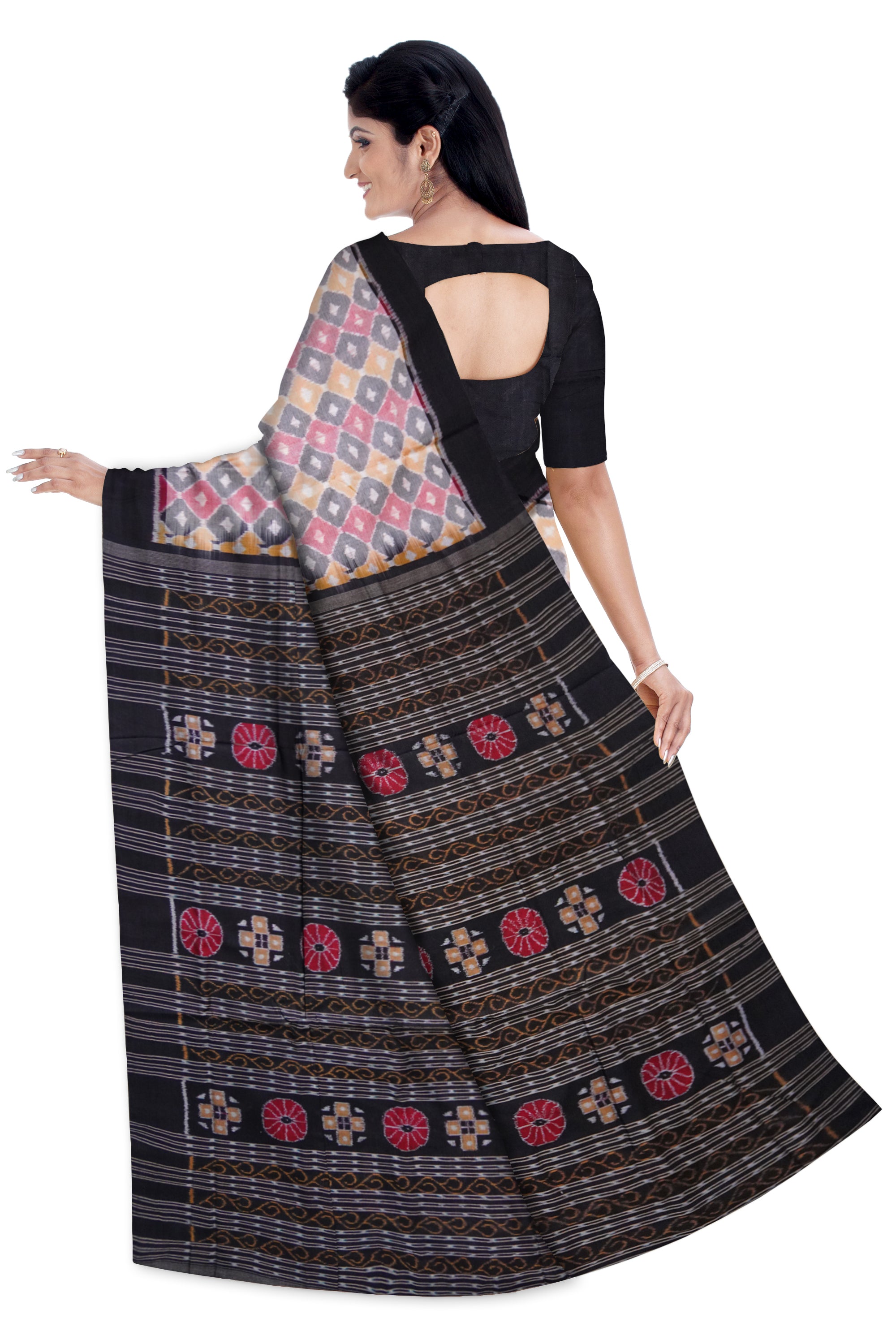 3D pattern with plain border and flowers design pallu in black and 3D colour sambalpuri saree. - Koshali Arts & Crafts Enterprise