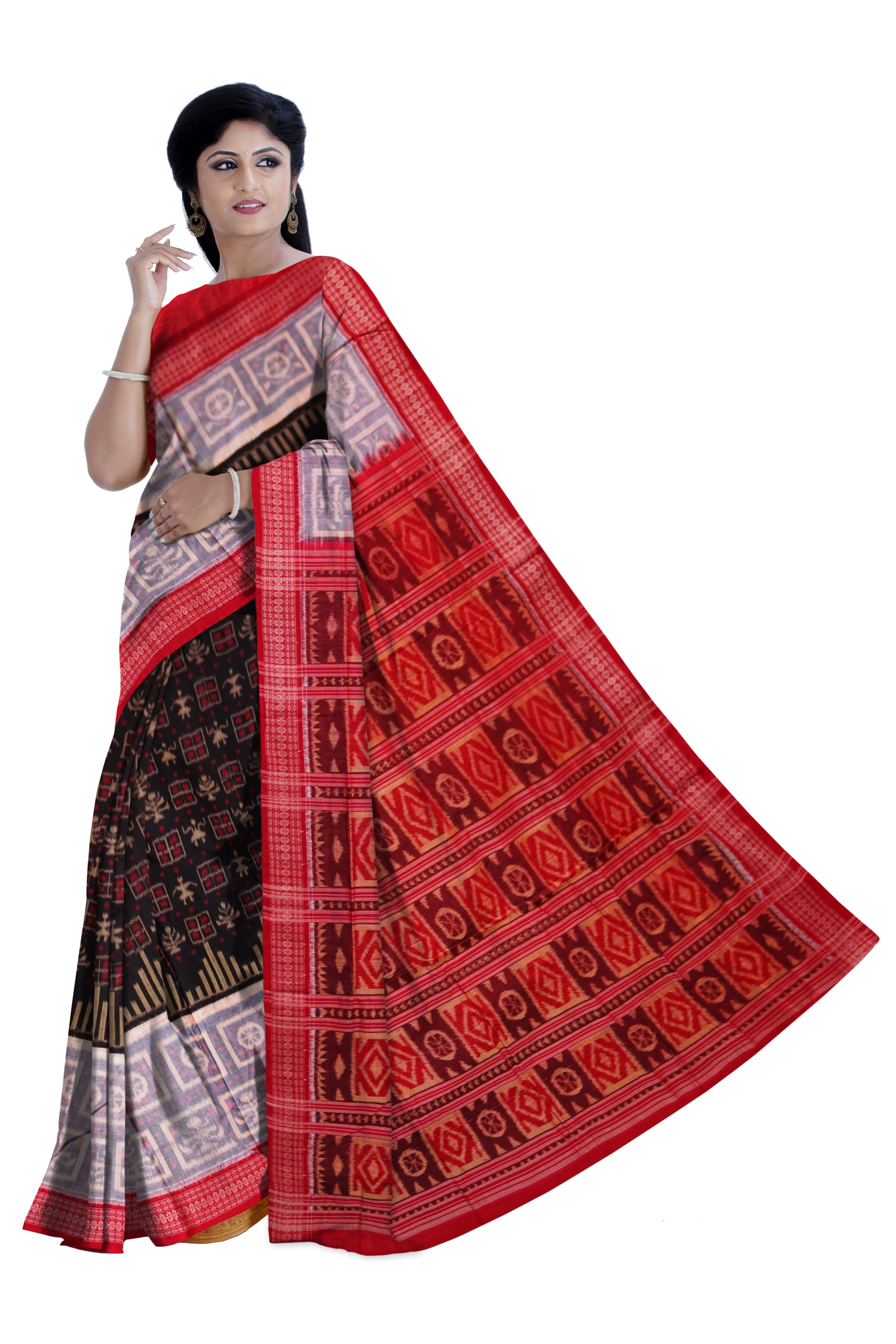 Terracotta with box pattern in black, grey and red colour pure sambalpuri cotton saree. - Koshali Arts & Crafts Enterprise