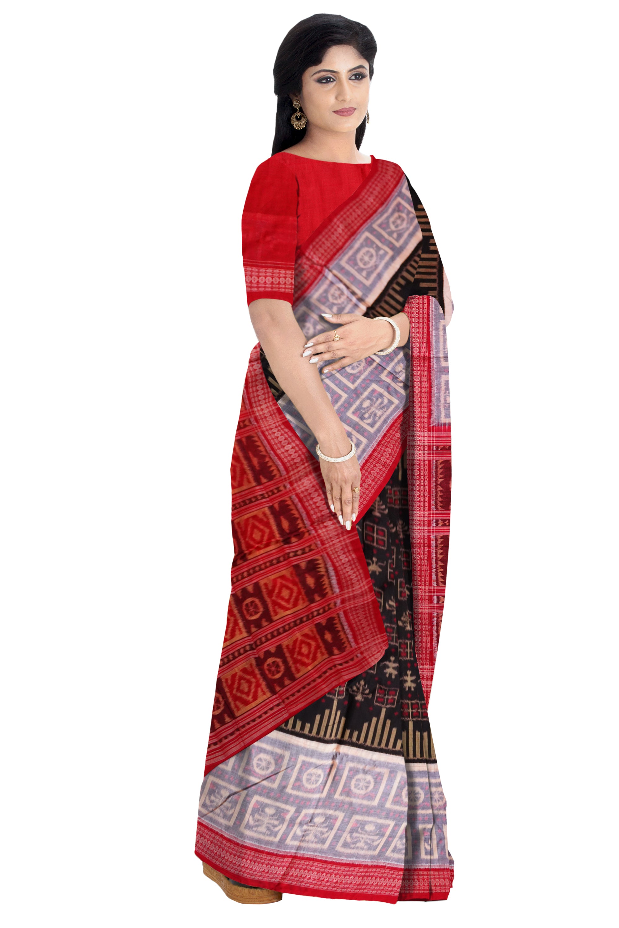 Terracotta with box pattern in black, grey and red colour pure sambalpuri cotton saree. - Koshali Arts & Crafts Enterprise