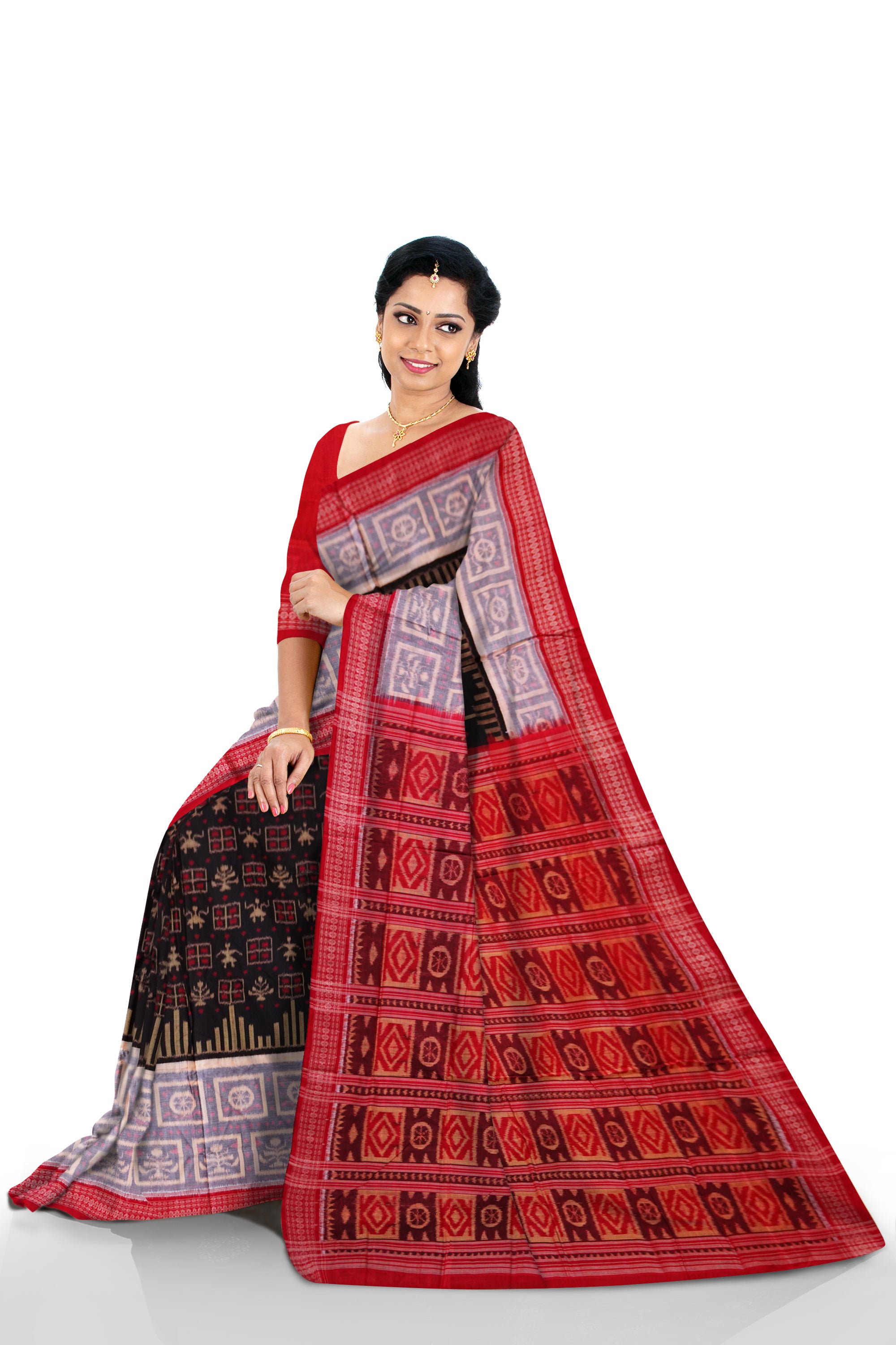 Terracotta with box pattern in black, grey and red colour pure sambalpuri cotton saree. - Koshali Arts & Crafts Enterprise