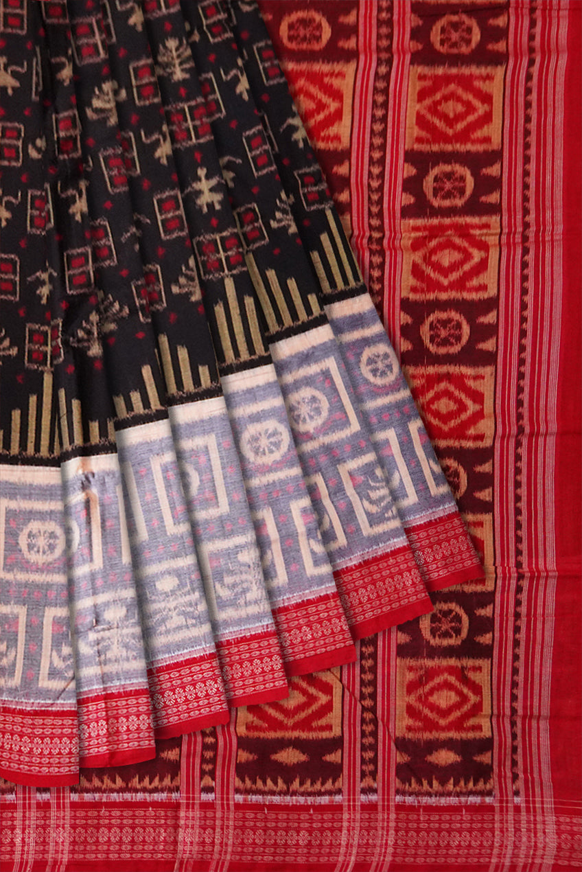 Terracotta with box pattern in black, grey and red colour pure sambalpuri cotton saree. - Koshali Arts & Crafts Enterprise