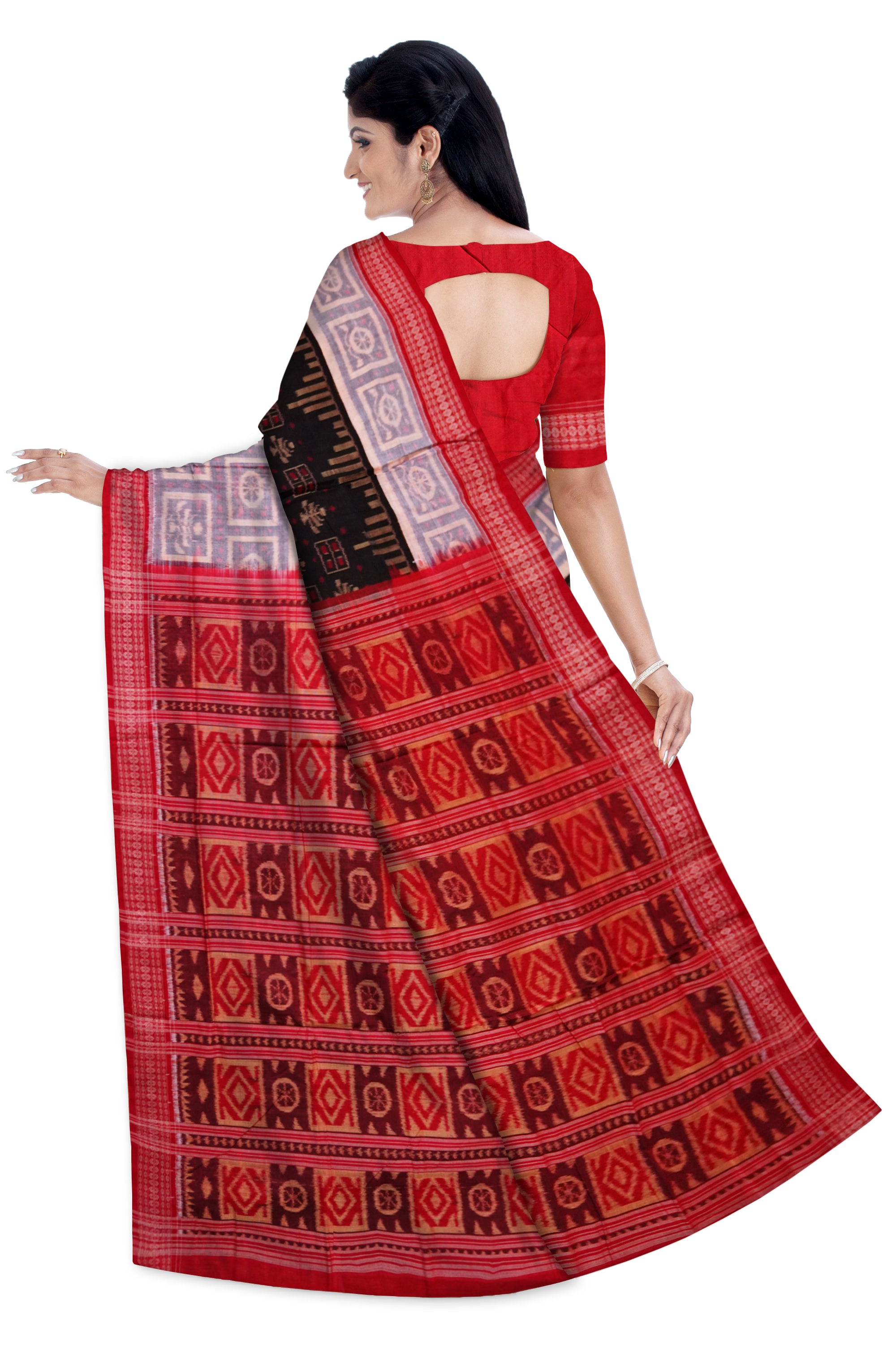 Terracotta with box pattern in black, grey and red colour pure sambalpuri cotton saree. - Koshali Arts & Crafts Enterprise