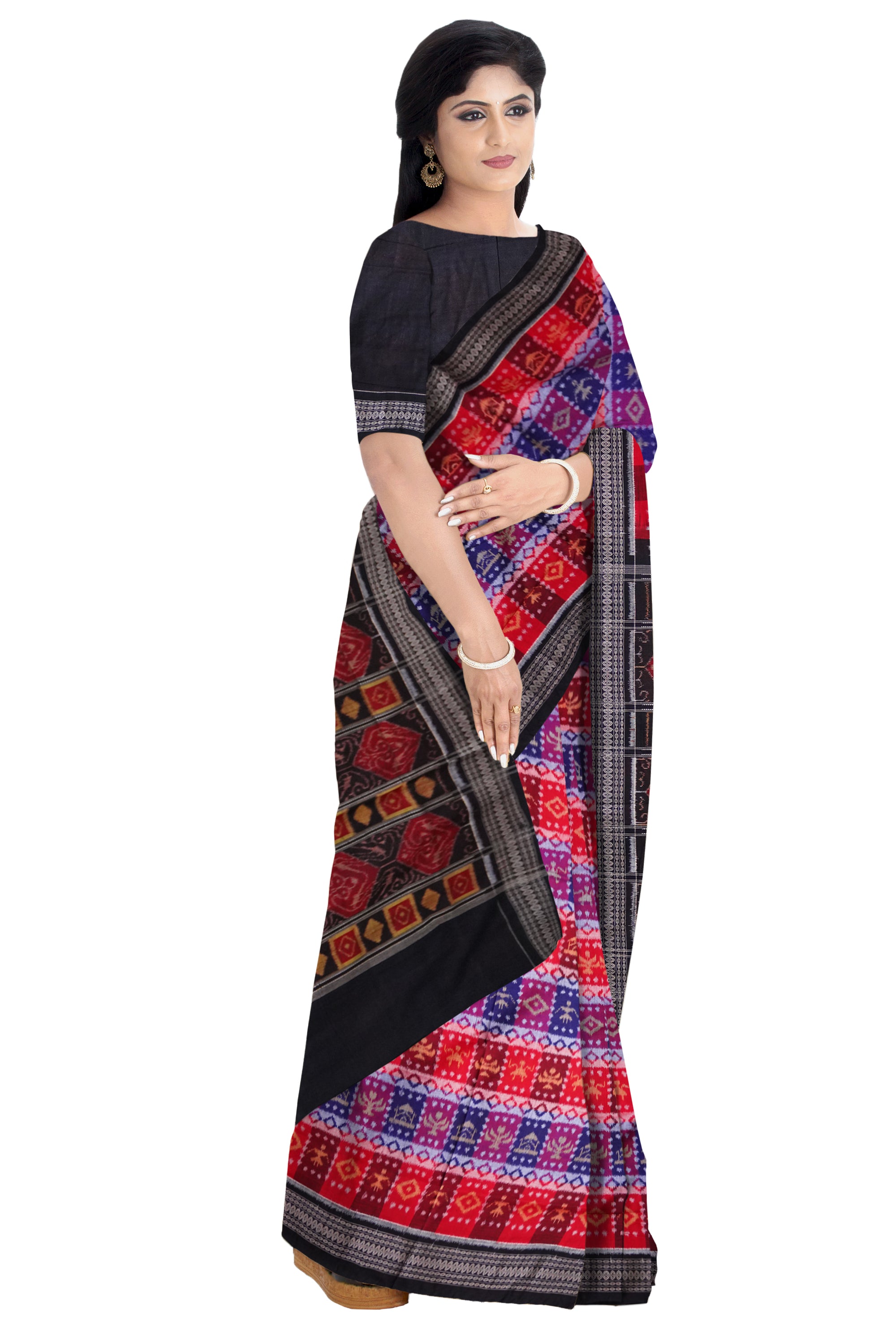 3D design box pattern with flower and terracotta design on full body with black colour  pallu sambalpuri saree. - Koshali Arts & Crafts Enterprise