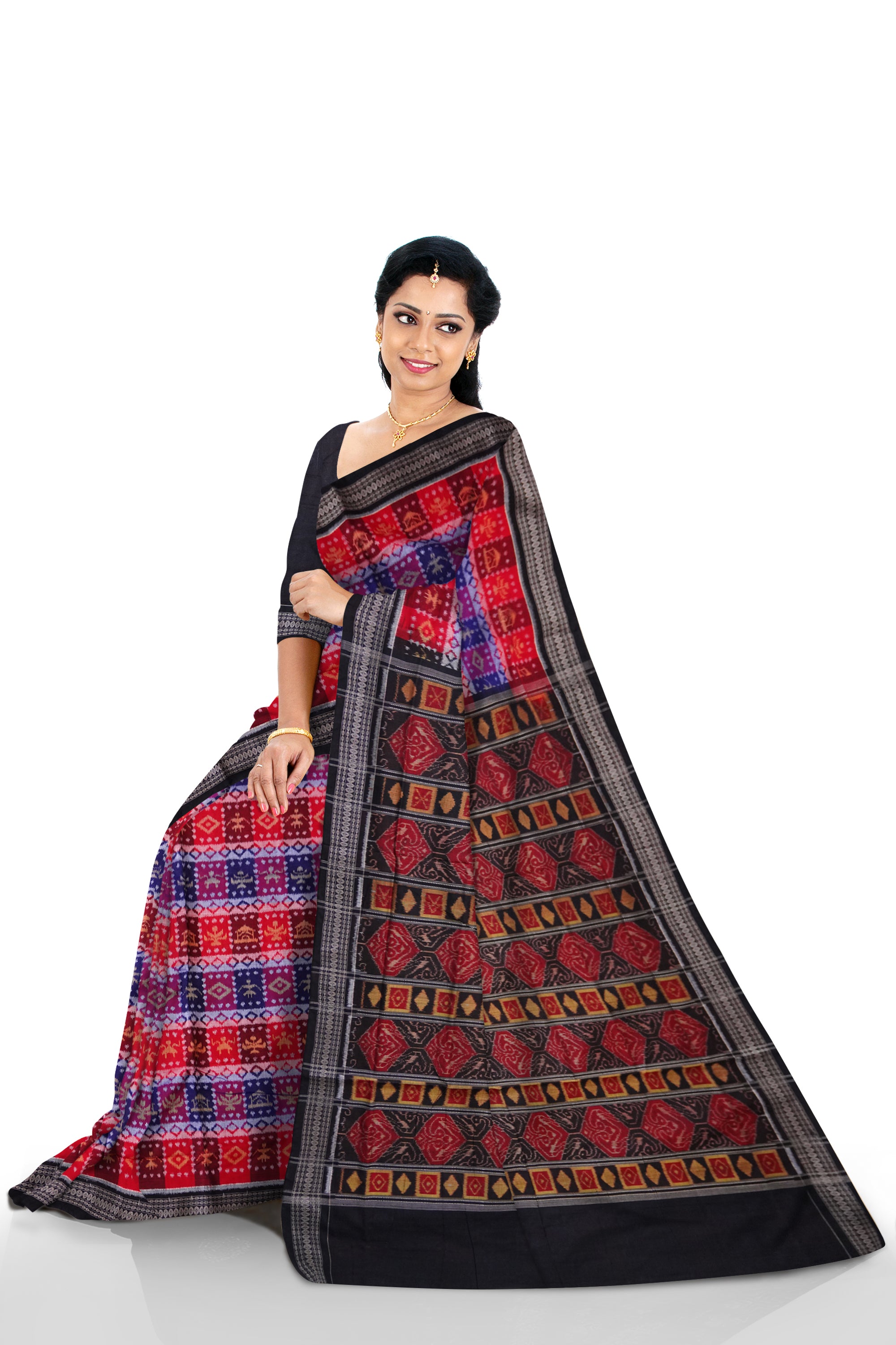 3D design box pattern with flower and terracotta design on full body with black colour  pallu sambalpuri saree. - Koshali Arts & Crafts Enterprise