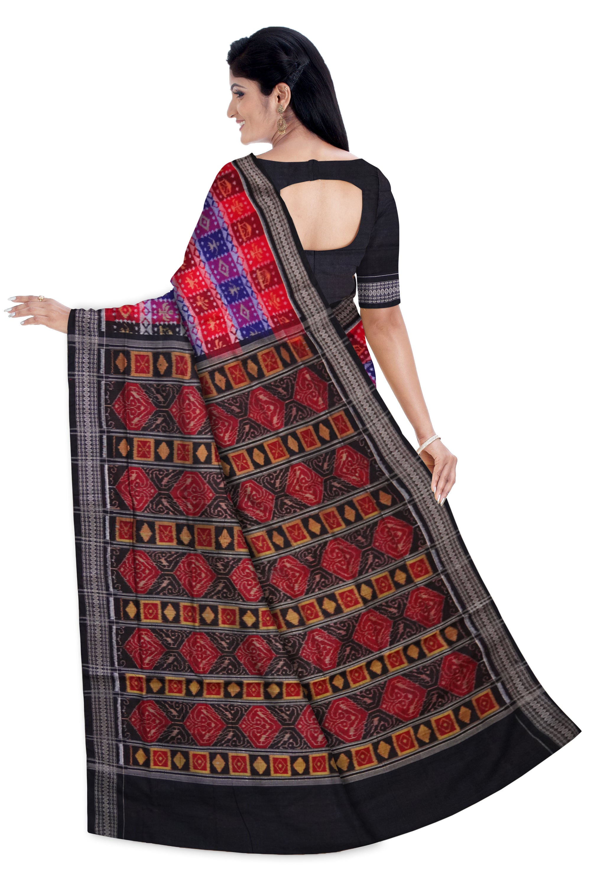 3D design box pattern with flower and terracotta design on full body with black colour  pallu sambalpuri saree. - Koshali Arts & Crafts Enterprise