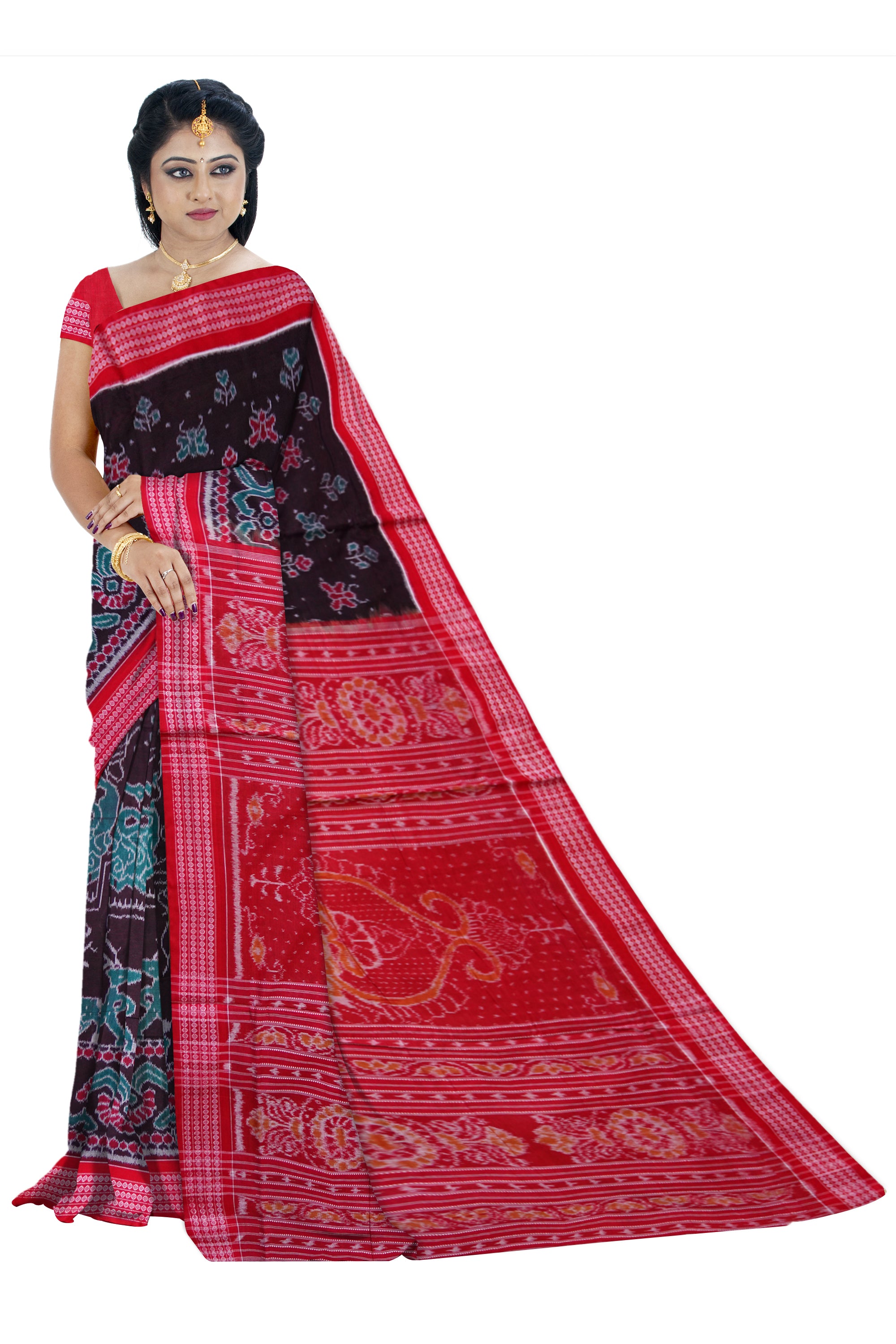 Peacock and Deer's bandha design on full body in  Black, Sea-green and Red colour Sambalpuri cotton saree. - Koshali Arts & Crafts Enterprise
