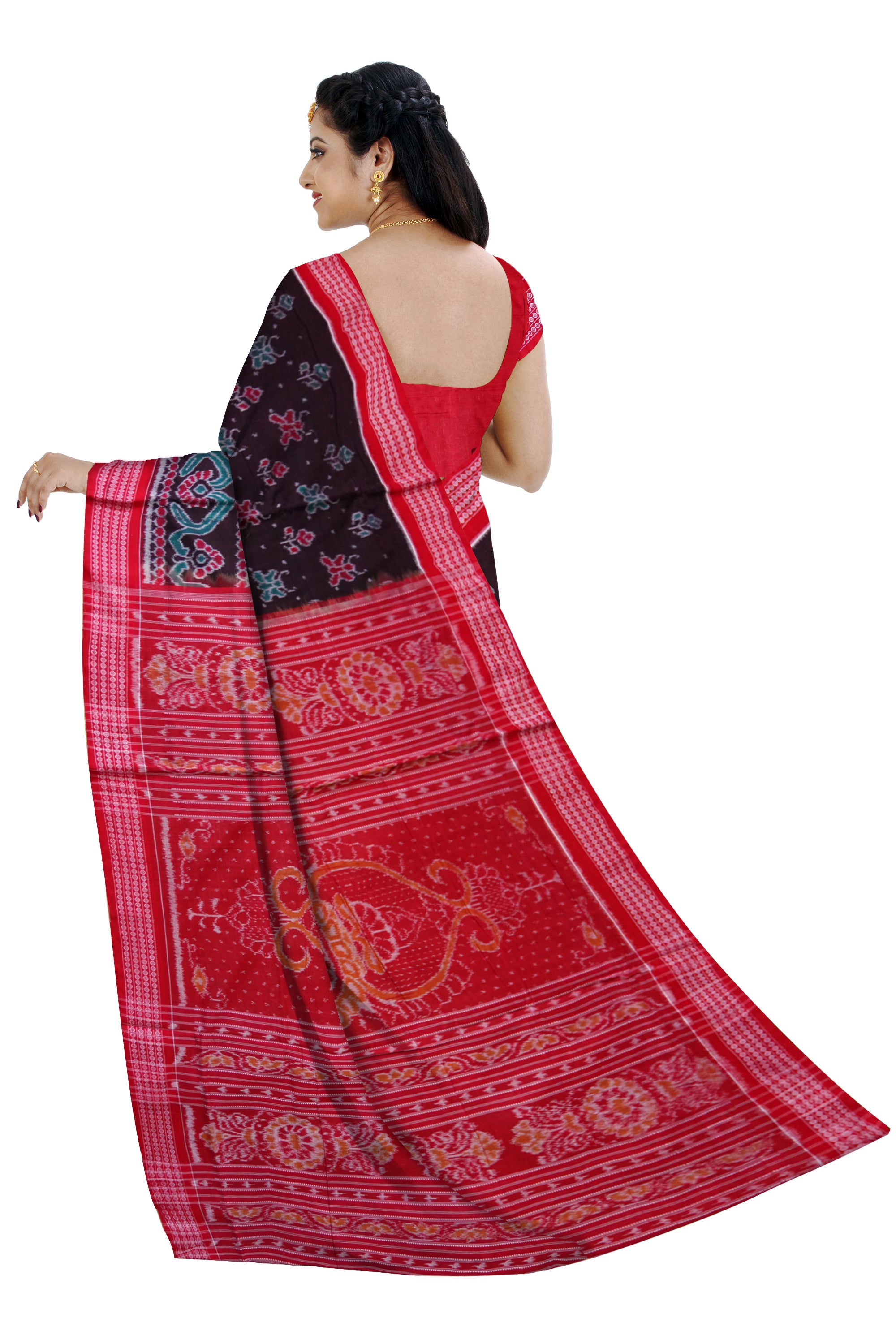 Peacock and Deer's bandha design on full body in  Black, Sea-green and Red colour Sambalpuri cotton saree. - Koshali Arts & Crafts Enterprise