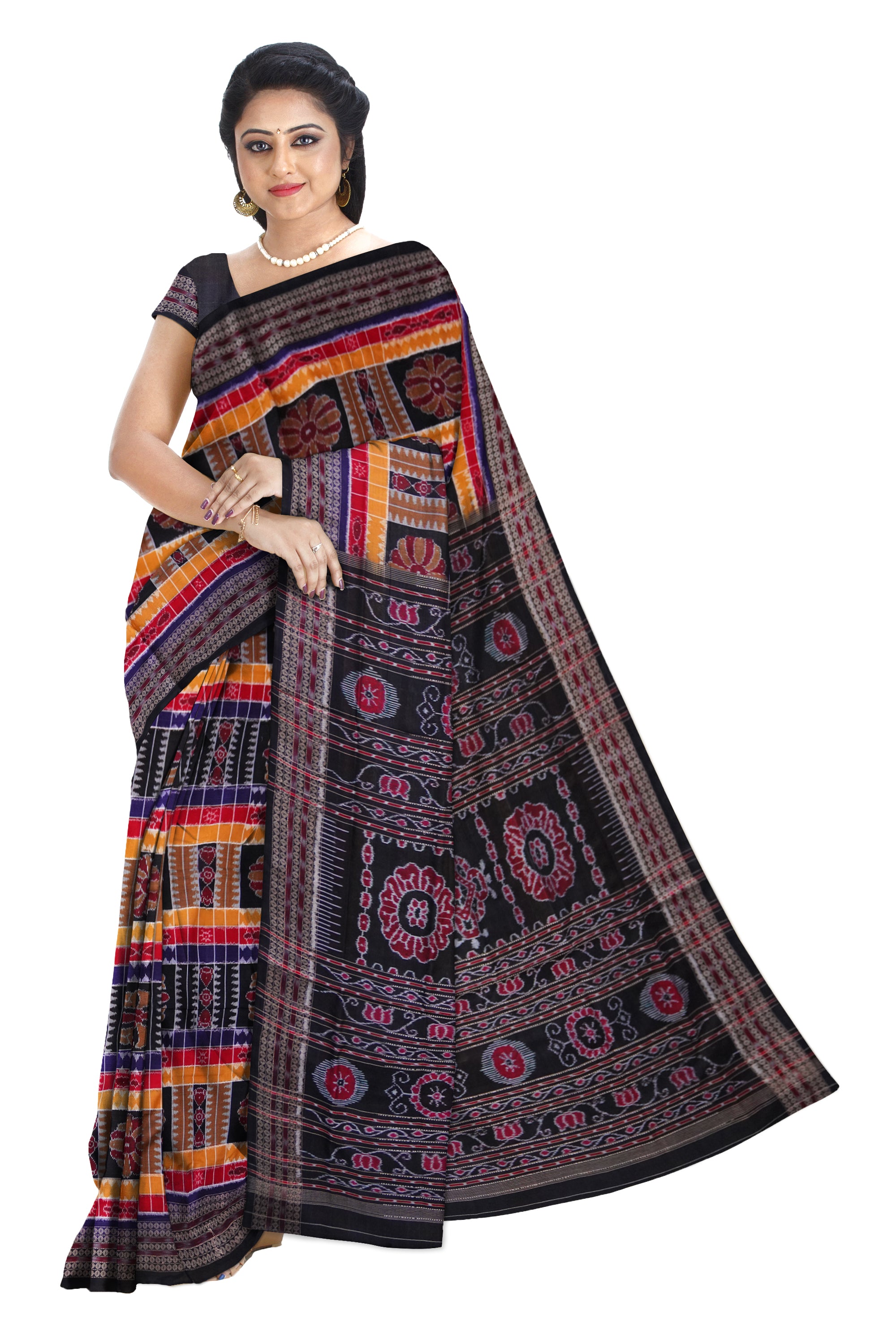 Uttkala laxmi pure sambalpuri cotton saree in 3D colour with black colour pallu. - Koshali Arts & Crafts Enterprise