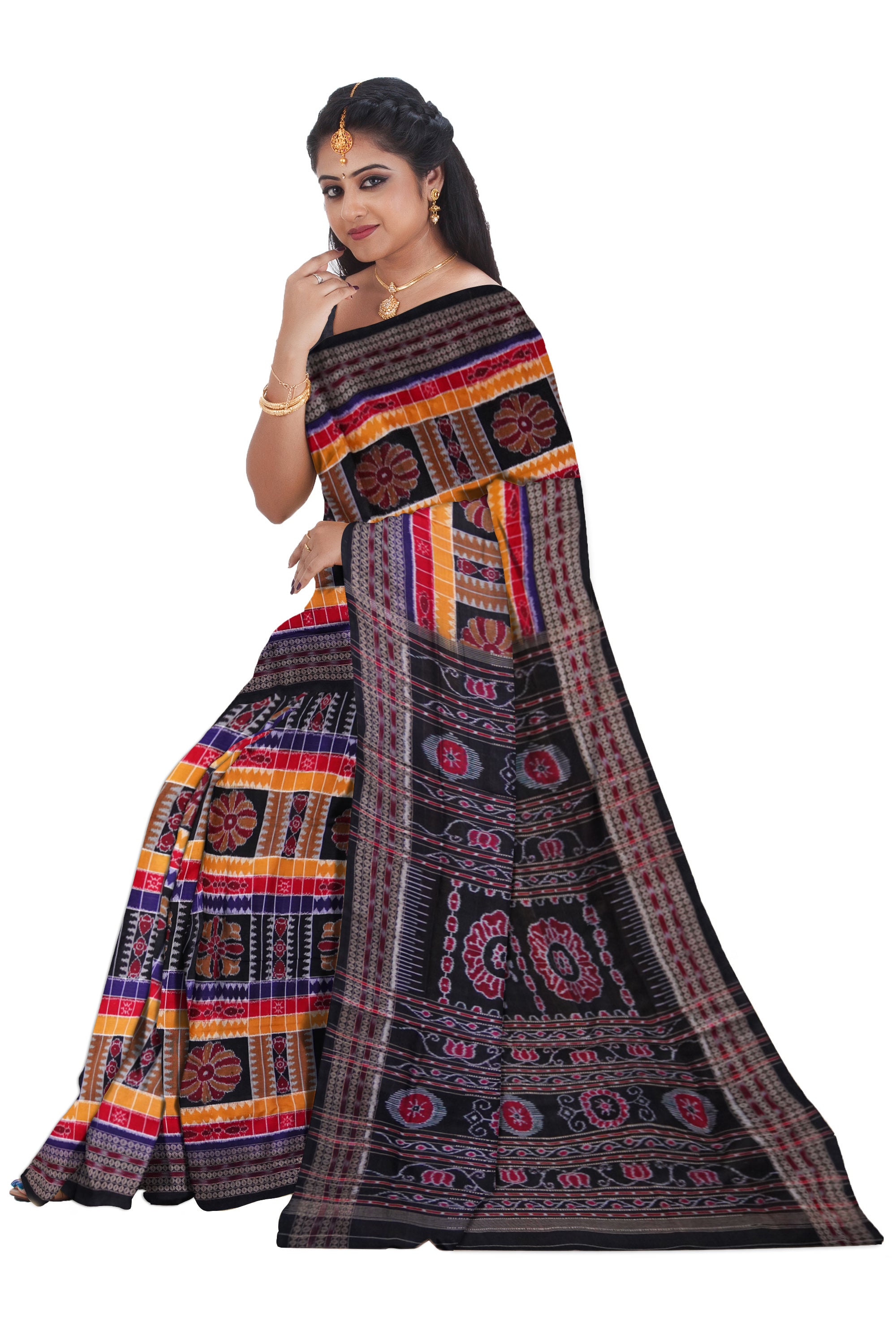 Uttkala laxmi pure sambalpuri cotton saree in 3D colour with black colour pallu. - Koshali Arts & Crafts Enterprise