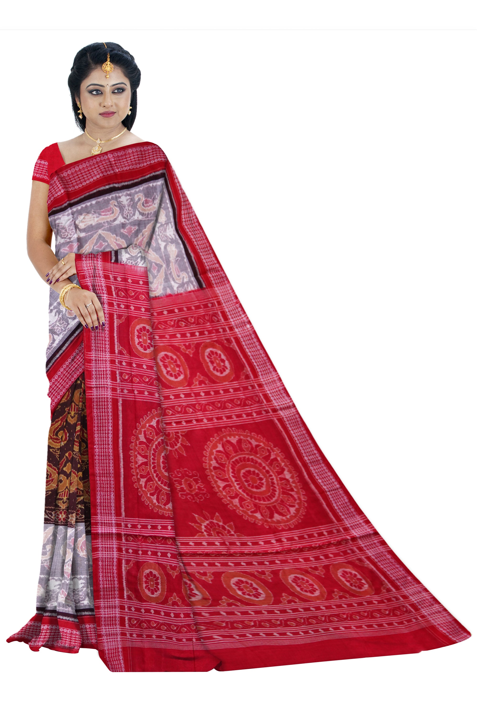 Peacock and birds design on full body in coffee,white and red colour sambalpuri cotton saree. - Koshali Arts & Crafts Enterprise