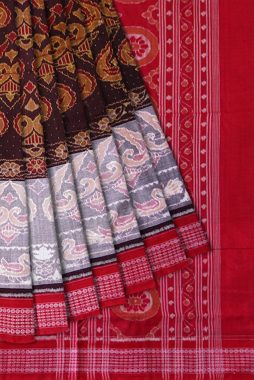 Peacock and birds design on full body in coffee,white and red colour sambalpuri cotton saree. - Koshali Arts & Crafts Enterprise